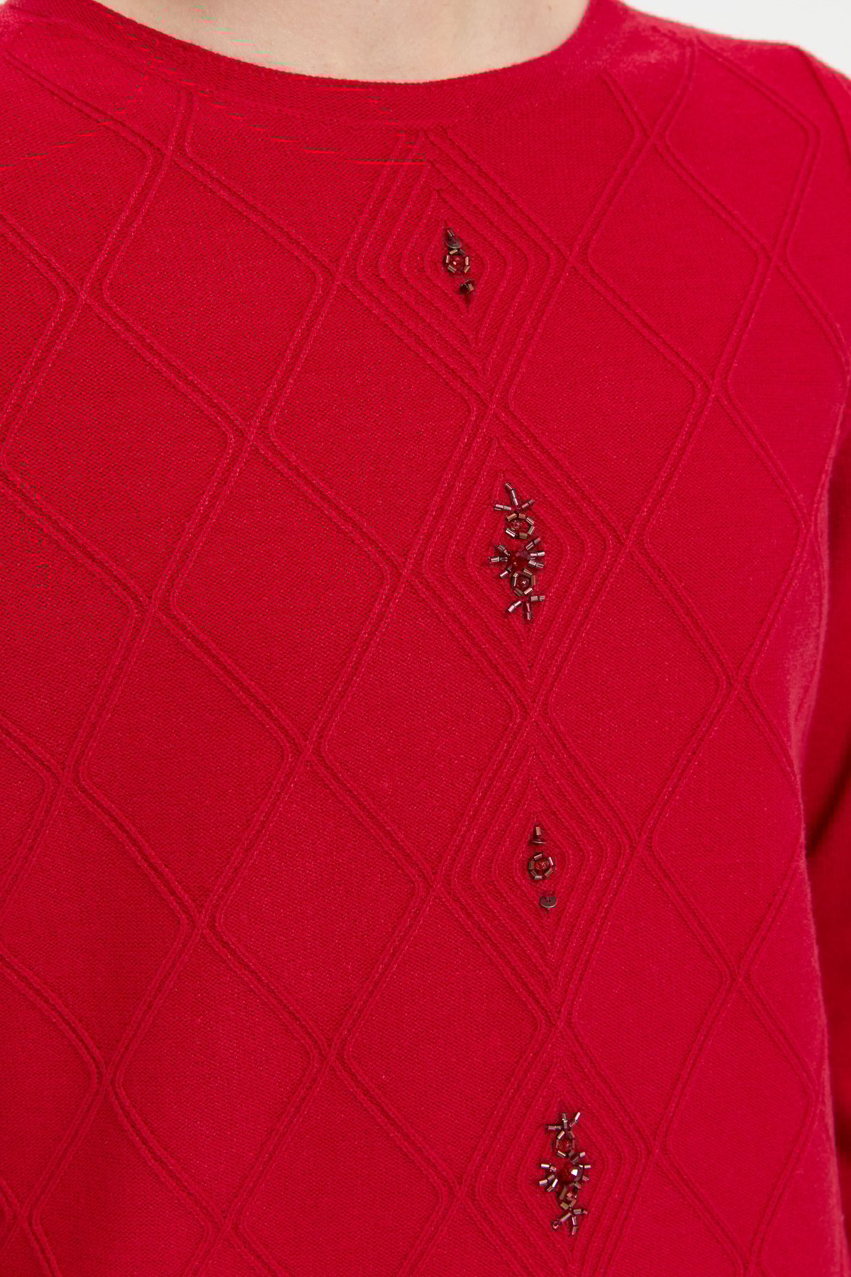 24175Kadın Sıfır Yaka Dikişsiz Önü Baklavalı Kazak K.Kırmızı