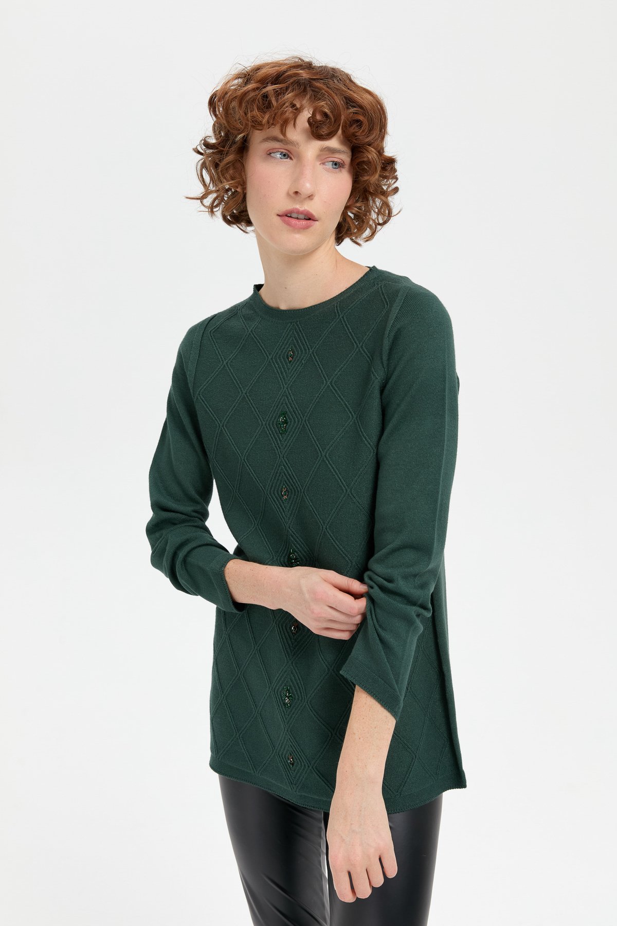 24175Kadın Sıfır Yaka Dikişsiz Önü Baklavalı Kazak Yeşil