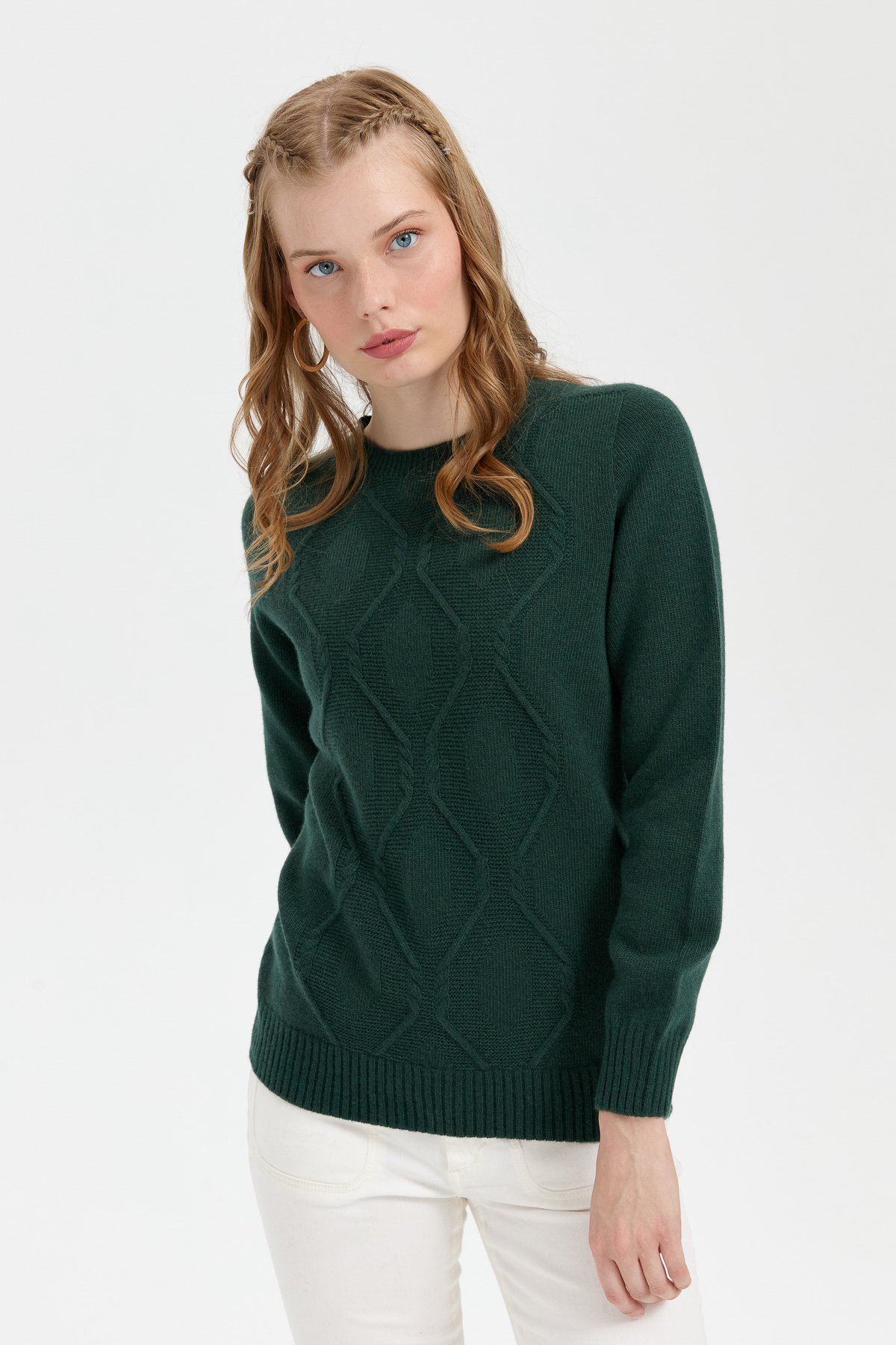 24217Kadın Sıfır Yaka Dikişsiz Önü Baklavalı Yün Kazak Yeşil