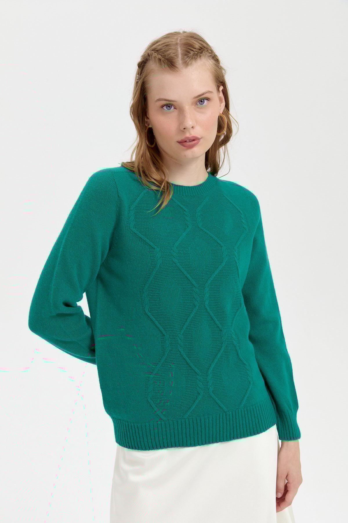 24217Kadın Sıfır Yaka Dikişsiz Önü Baklavalı Yün Kazak A.Ö.Başı