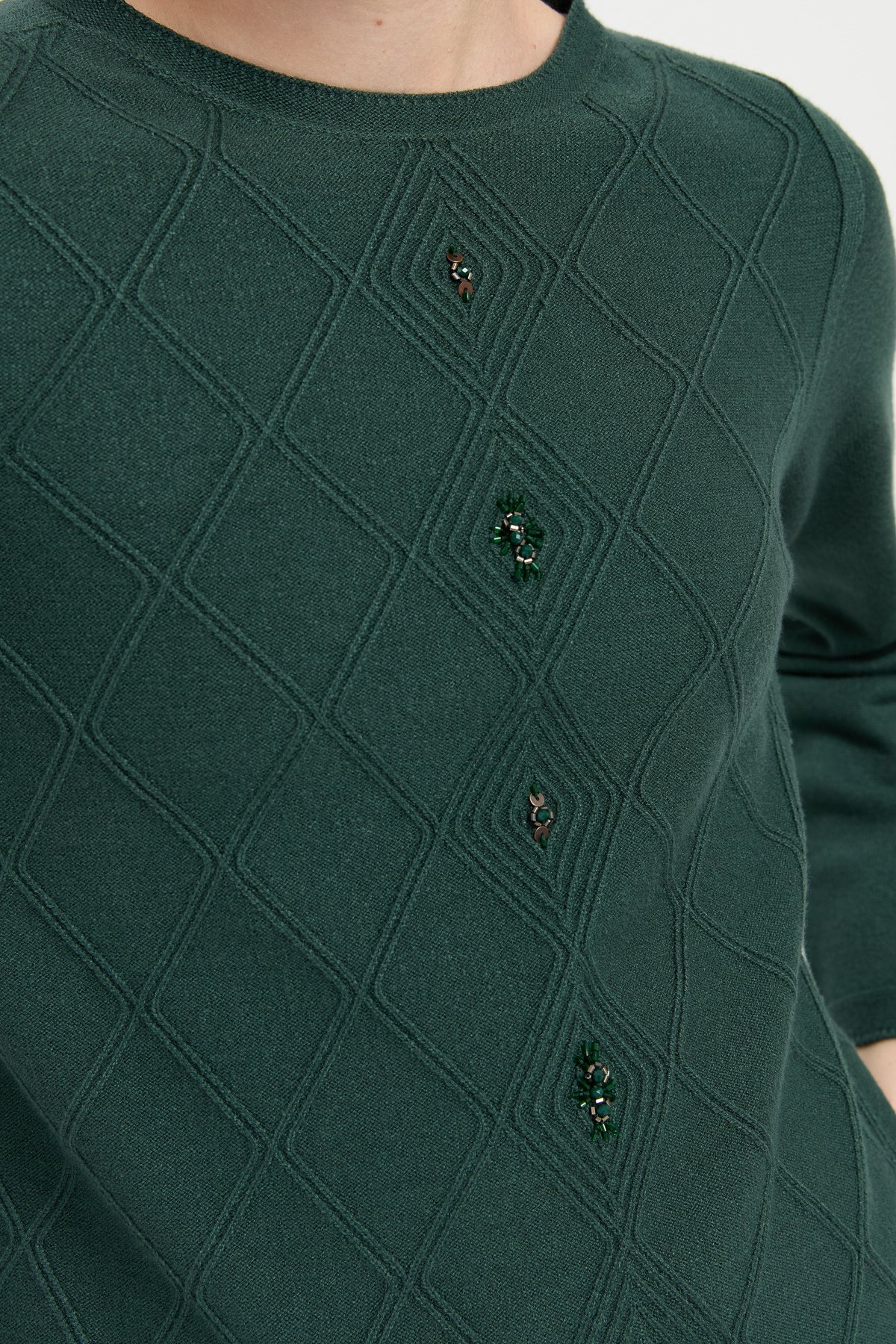 24175Kadın Sıfır Yaka Dikişsiz Önü Baklavalı Kazak Yeşil