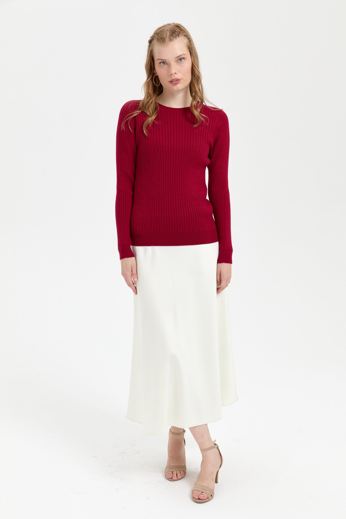 24183Kadın Sıfır Yaka Dikişsiz Önü Desenli Kazak V.Çürüğü