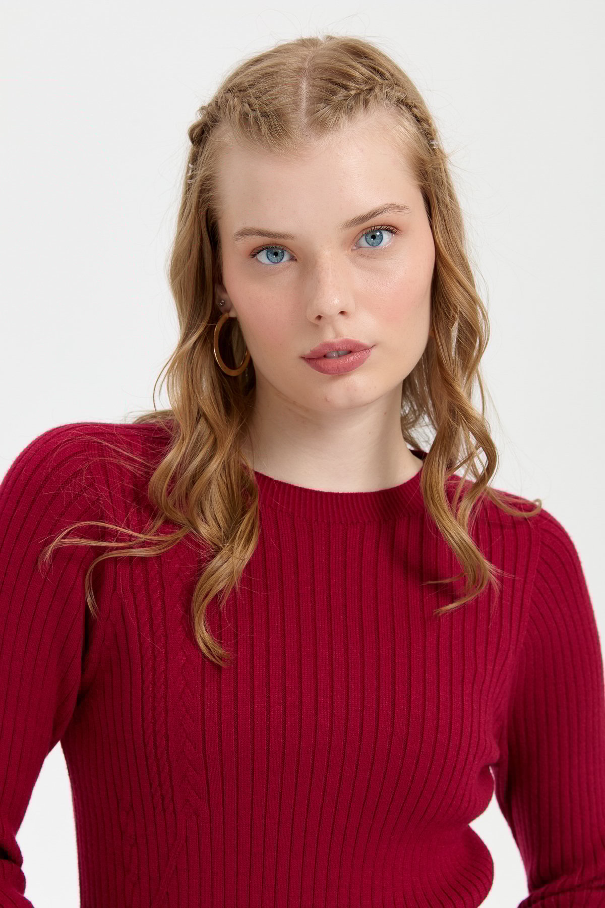 24183Kadın Sıfır Yaka Dikişsiz Önü Desenli Kazak V.Çürüğü