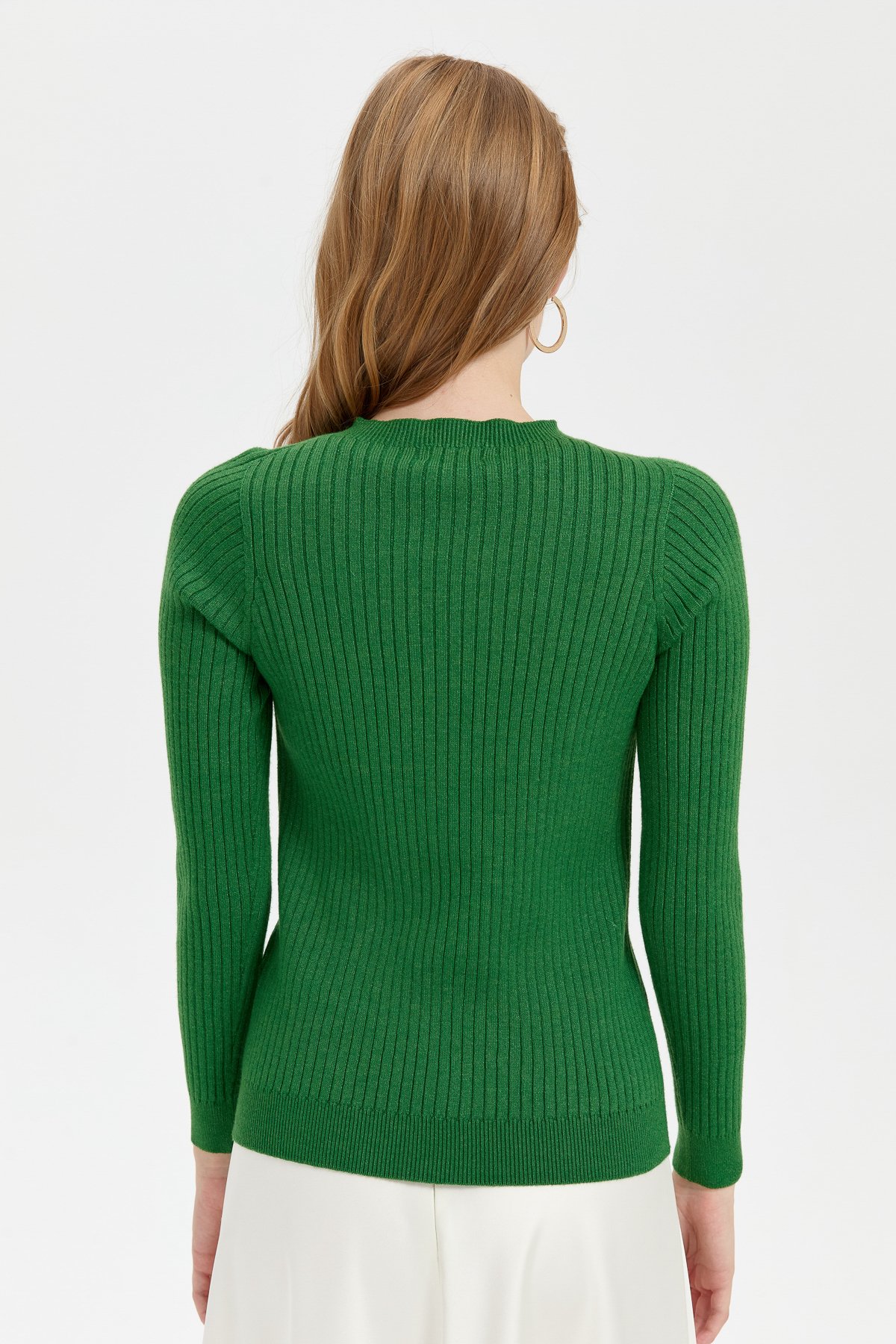 24183Kadın Sıfır Yaka Dikişsiz Önü Desenli Kazak K.Yosun