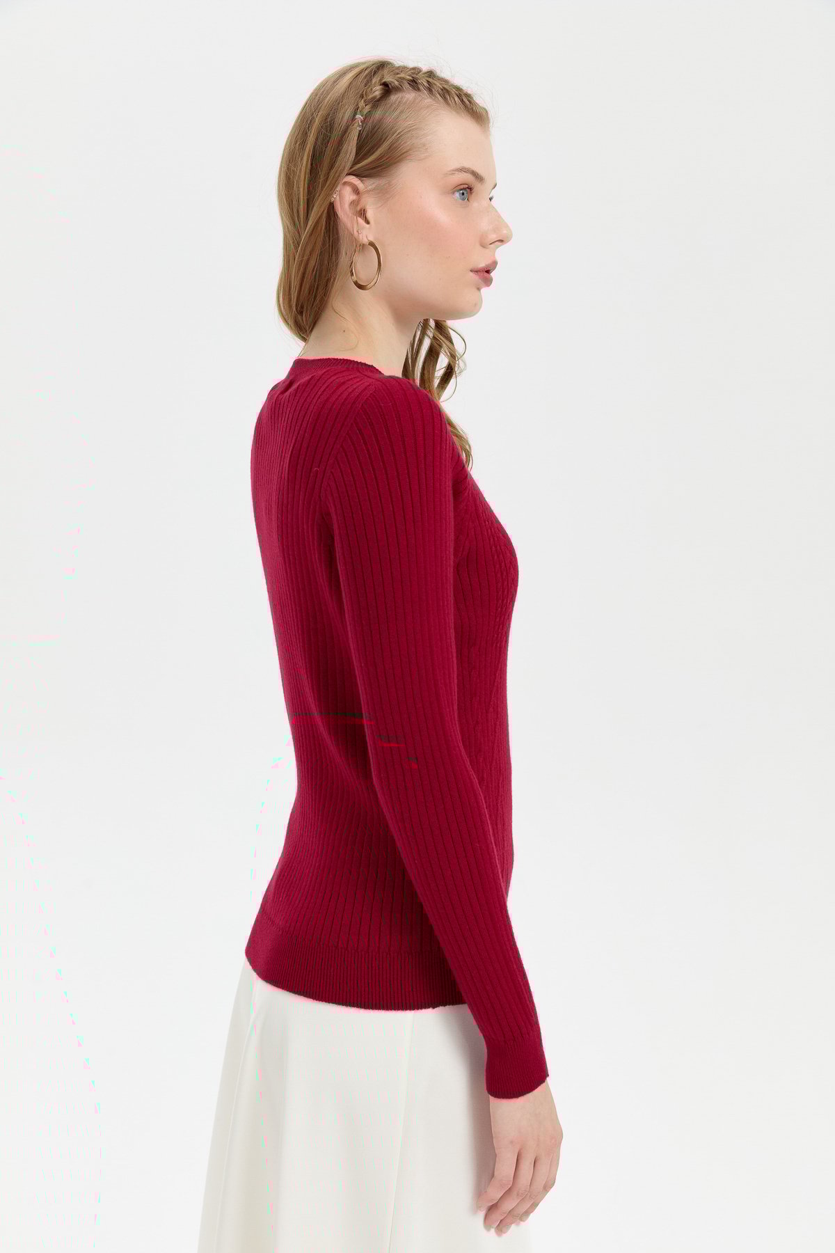 24183Kadın Sıfır Yaka Dikişsiz Önü Desenli Kazak V.Çürüğü