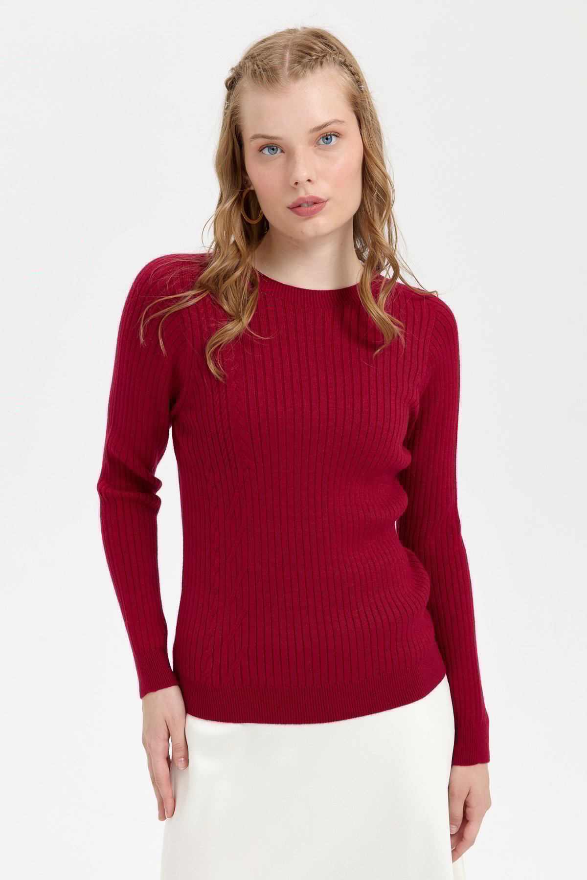 24183Kadın Sıfır Yaka Dikişsiz Önü Desenli Kazak V.Çürüğü