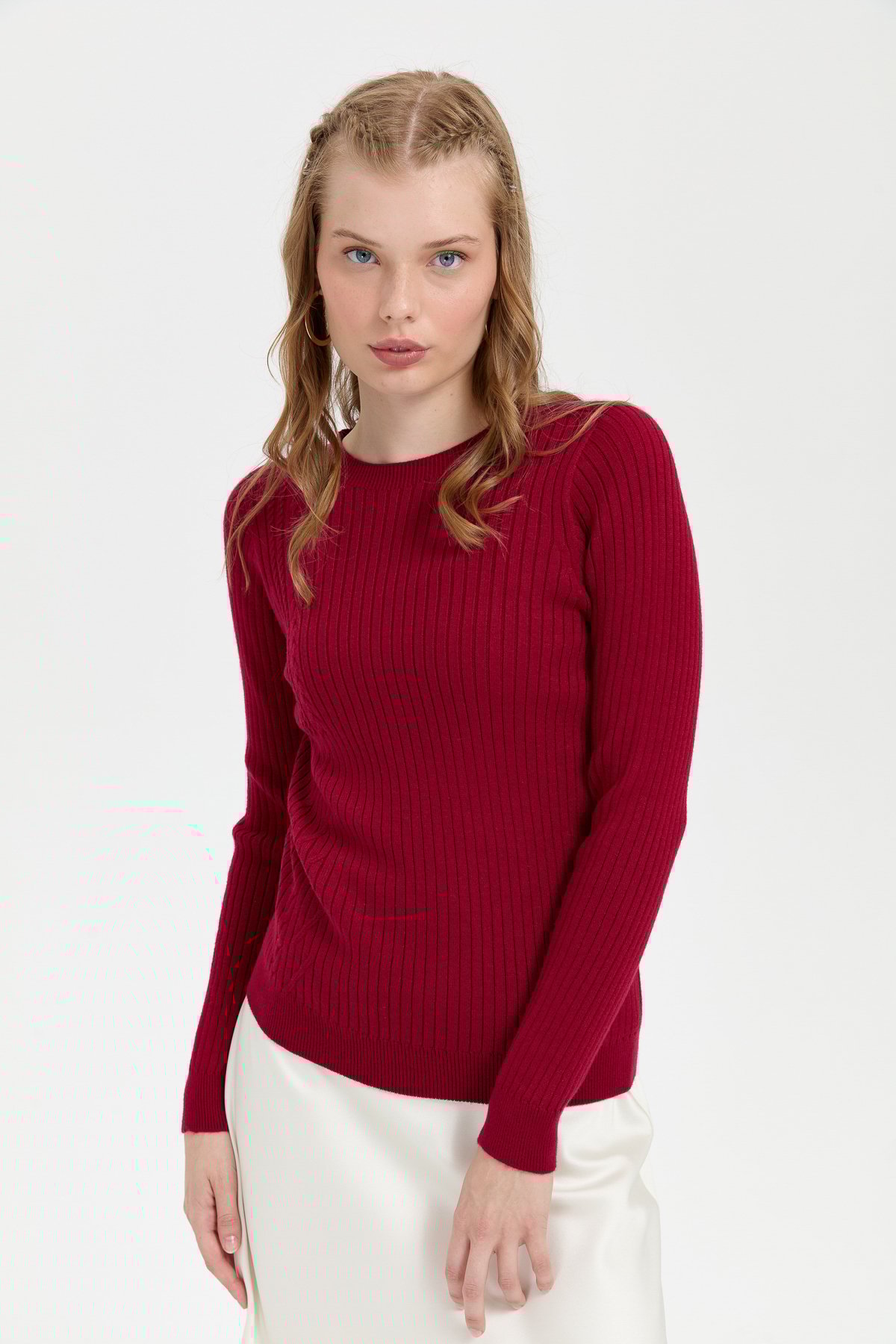 24183Kadın Sıfır Yaka Dikişsiz Önü Desenli Kazak V.Çürüğü