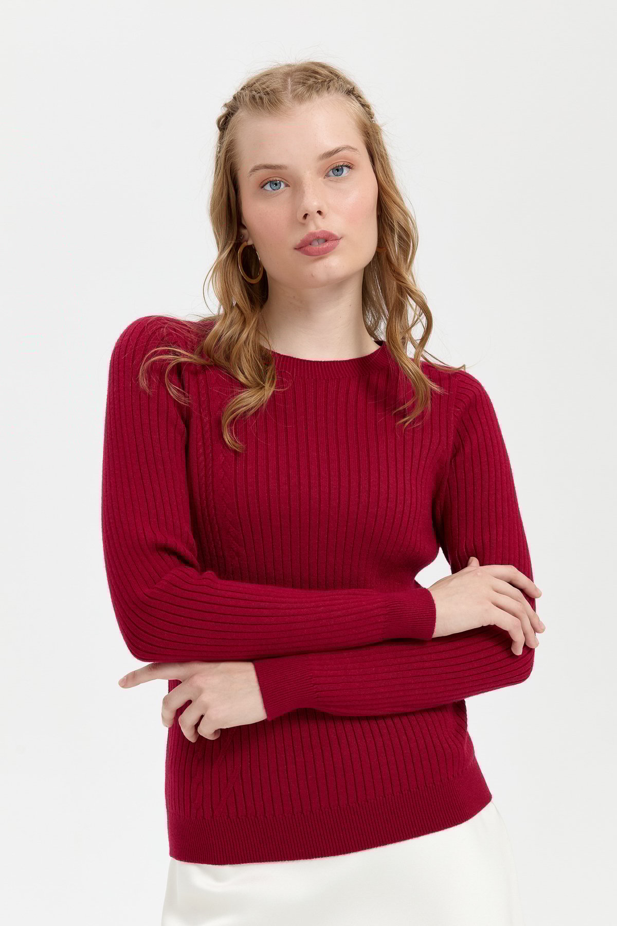 24183Kadın Sıfır Yaka Dikişsiz Önü Desenli Kazak V.Çürüğü