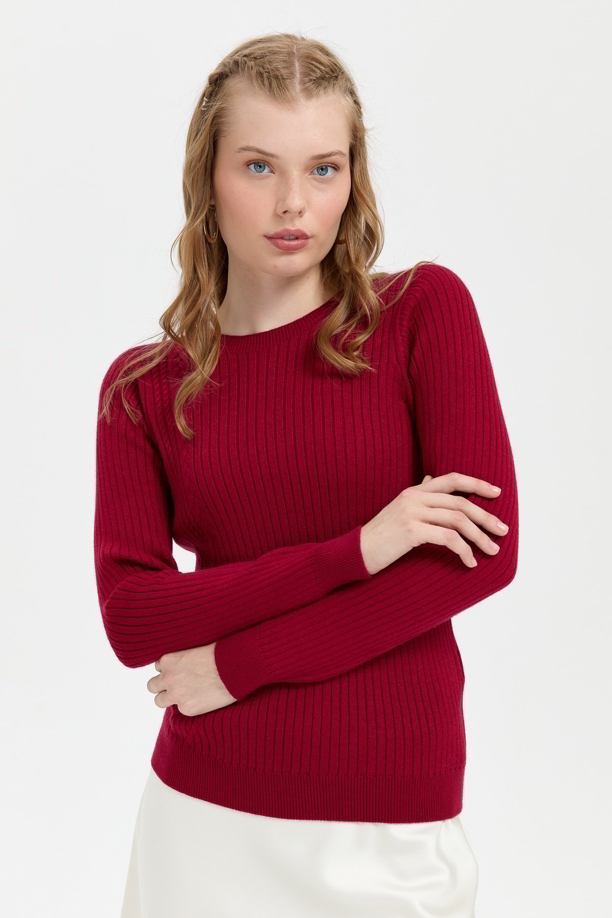 24183Kadın Sıfır Yaka Dikişsiz Önü Desenli Kazak V.Çürüğü