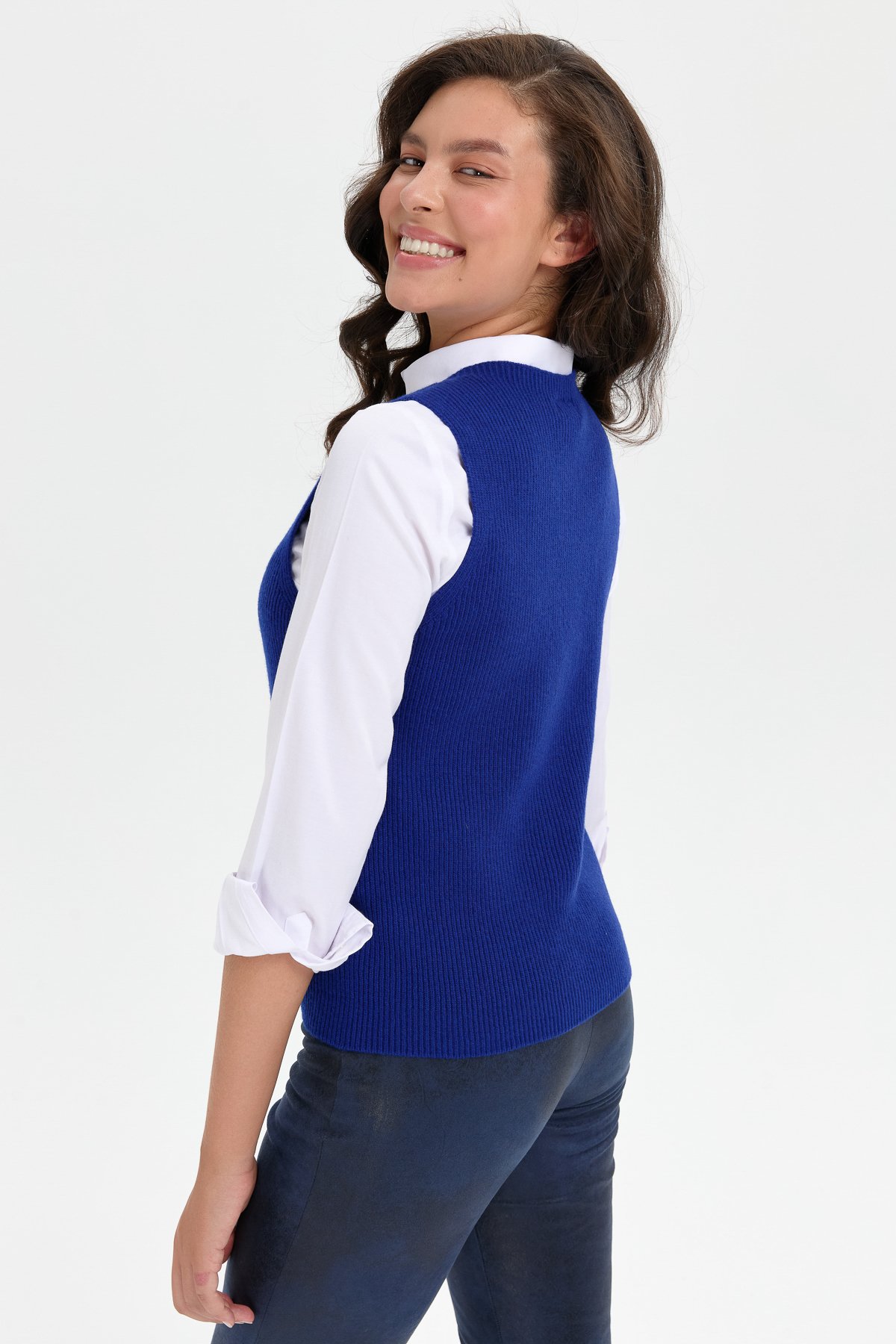 24157Kadın Sıfır Yaka Dikişsiz Önü Düğmeli Yün Süveter K.S.Mavi