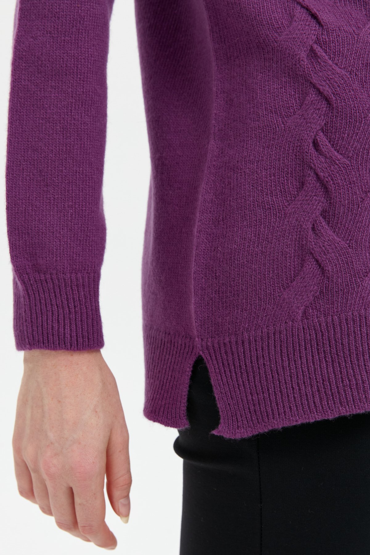 24214Kadın Sıfır Yaka Önü Saç Örgülü Yün Kazak A.Mor