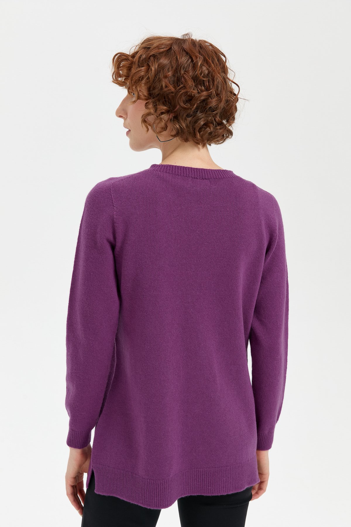 24214Kadın Sıfır Yaka Önü Saç Örgülü Yün Kazak A.Mor