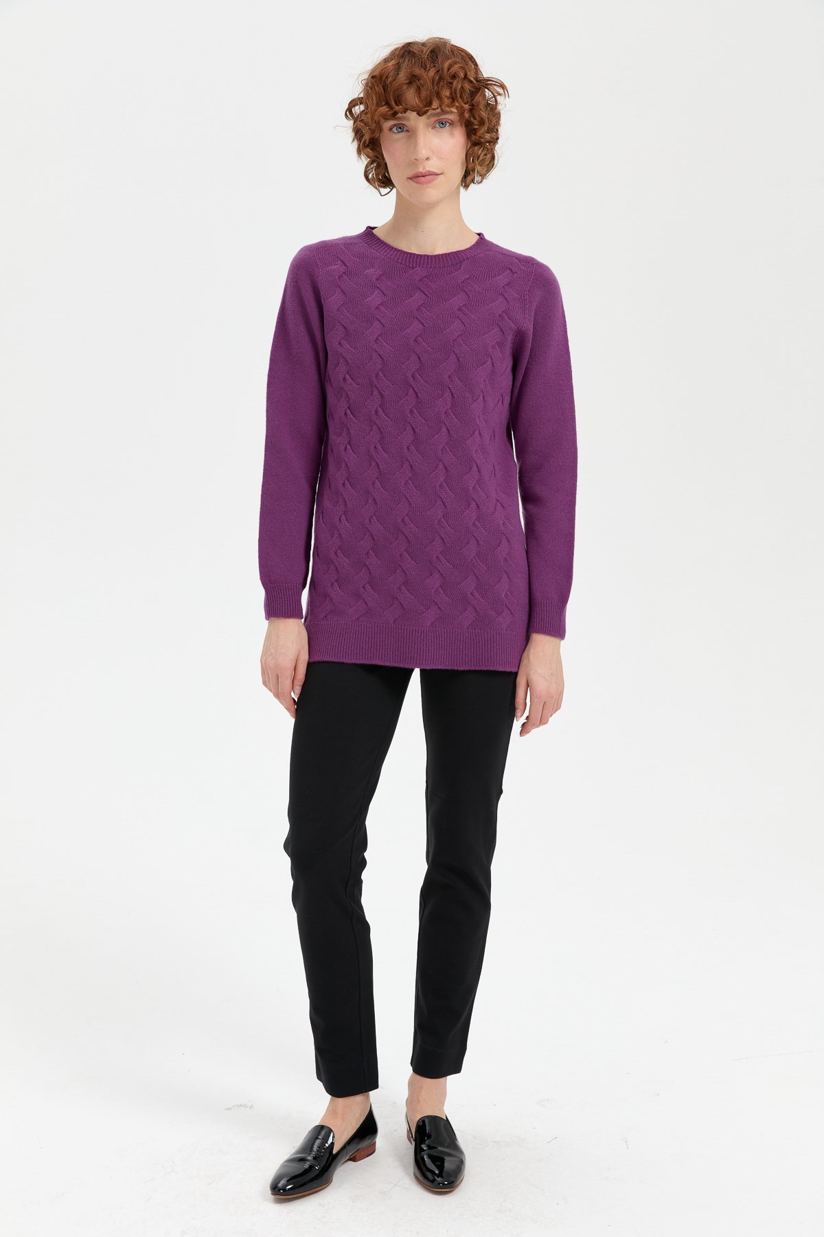 24214Kadın Sıfır Yaka Önü Saç Örgülü Yün Kazak A.Mor