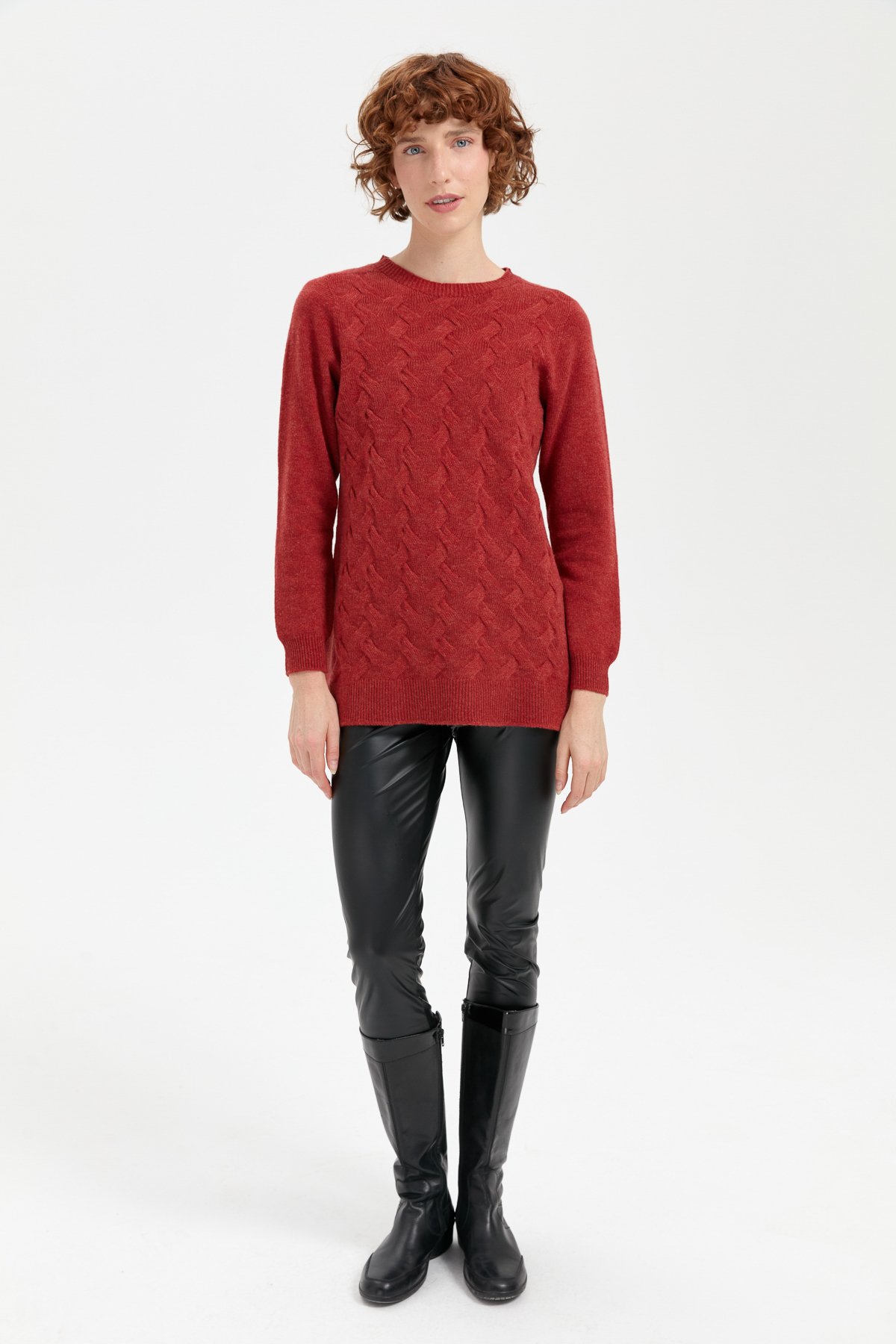 24214Kadın Sıfır Yaka Önü Saç Örgülü Yün Kazak Kiremit