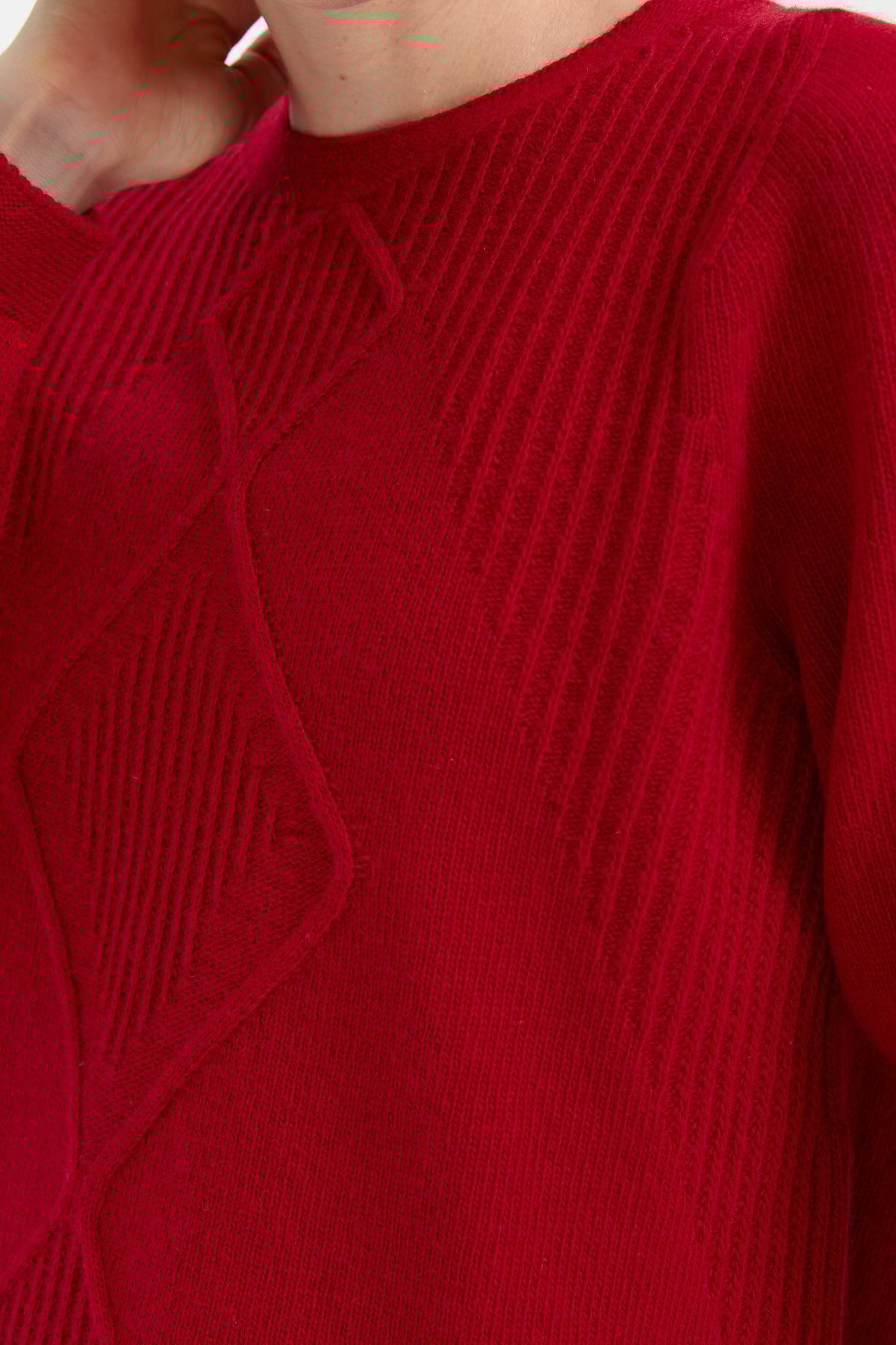 24199Kadın Sıfır Yaka Dikişsiz Önü Selanik Baklavalı Yün Kazak K.Kırmızı