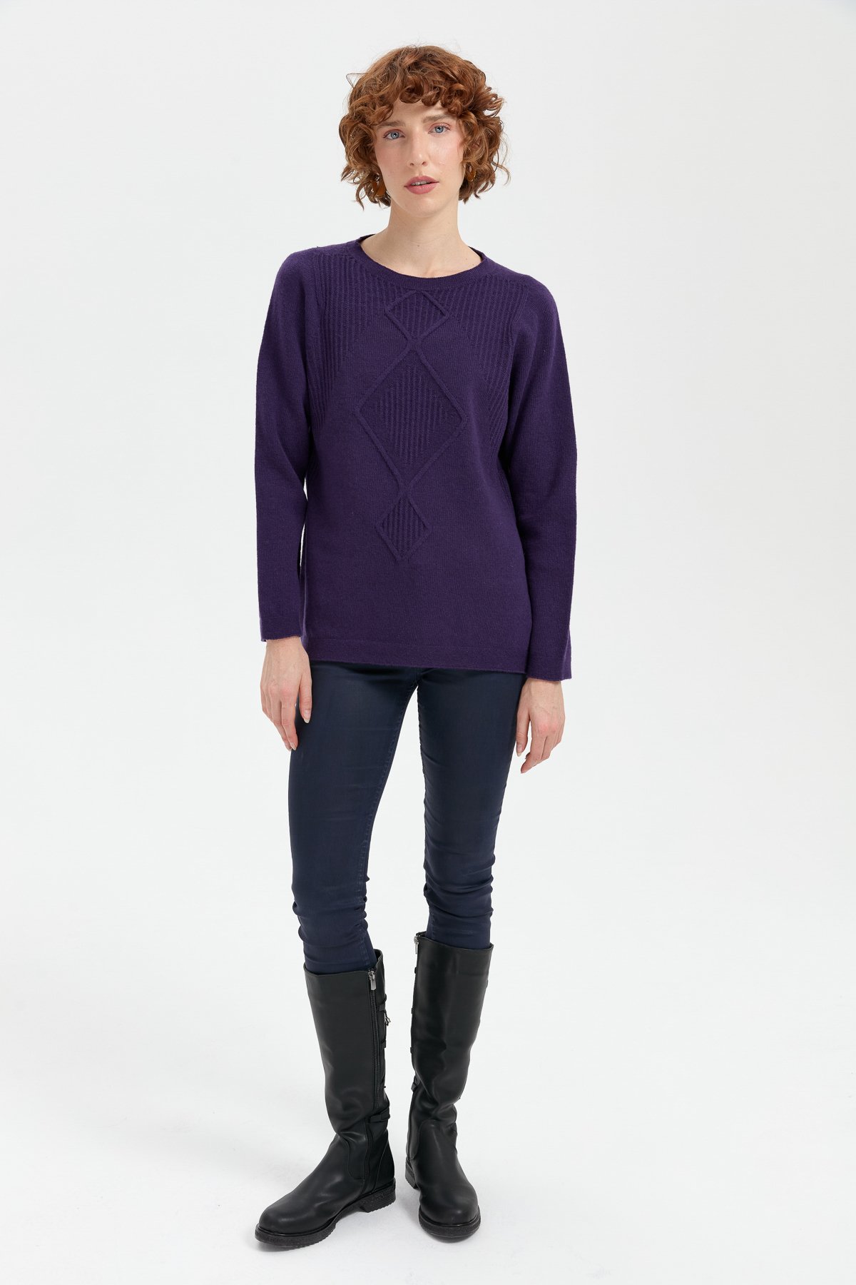 24199Kadın Sıfır Yaka Dikişsiz Önü Selanik Baklavalı Yün Kazak K.Mor