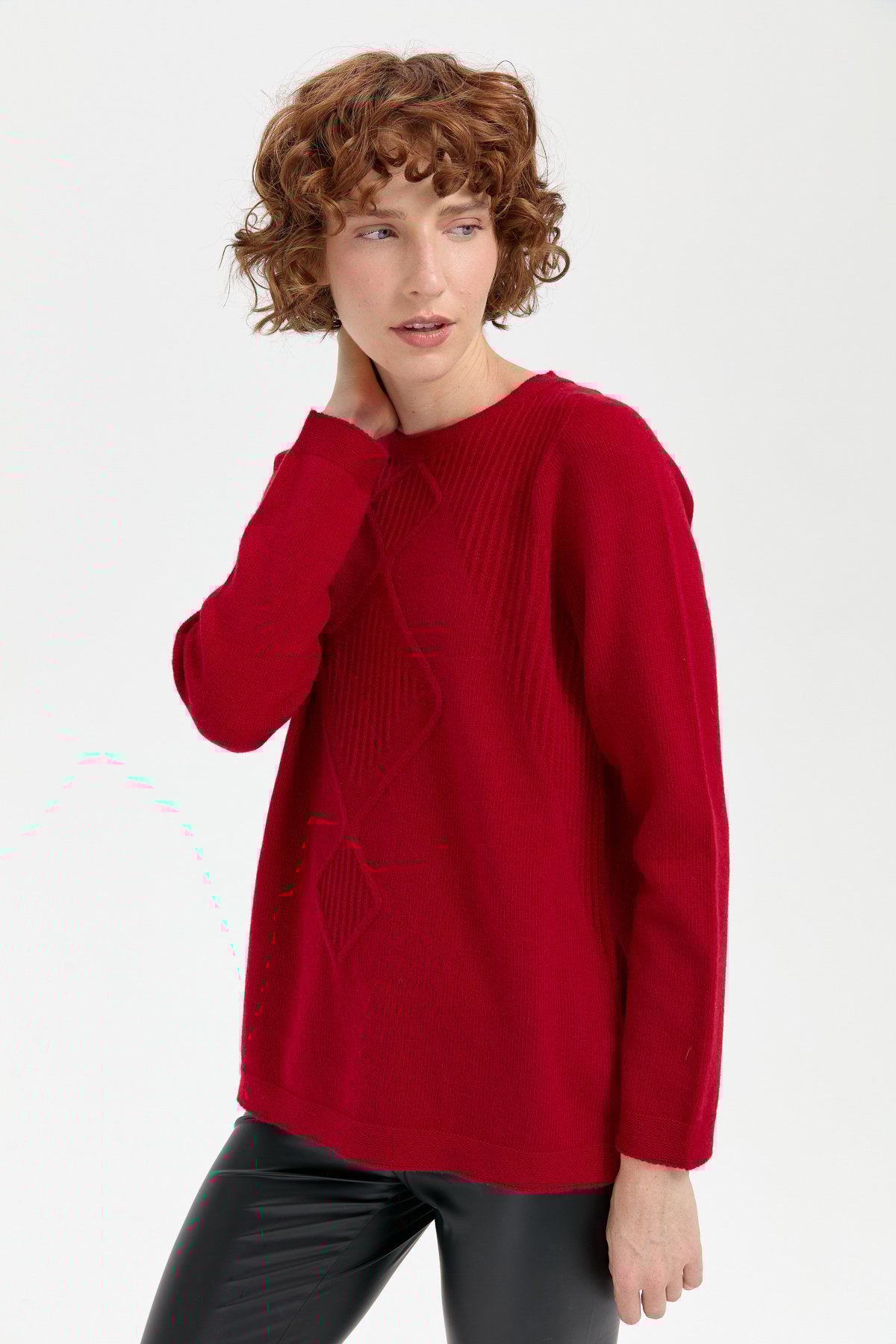 24199Kadın Sıfır Yaka Dikişsiz Önü Selanik Baklavalı Yün Kazak K.Kırmızı