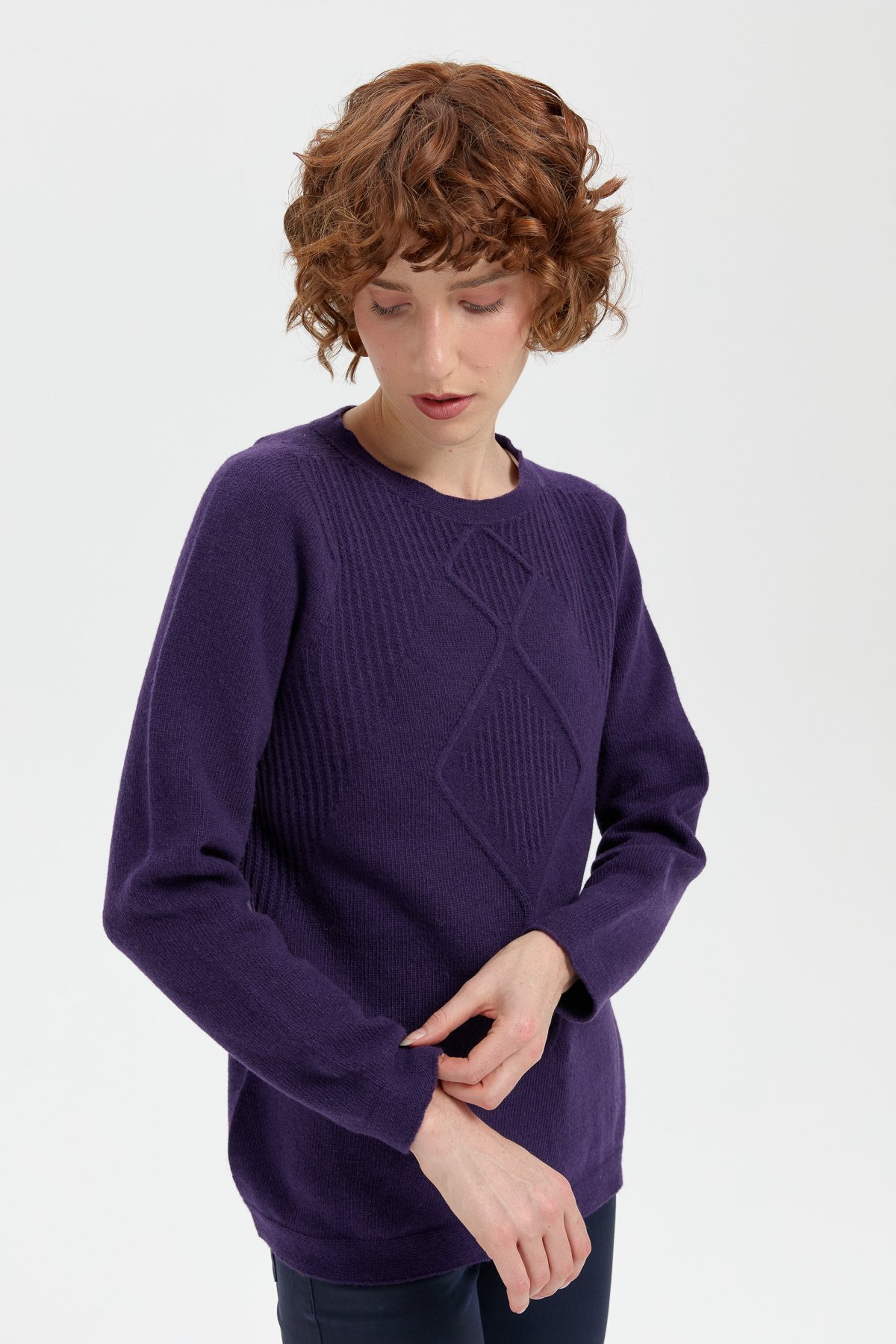 24199Kadın Sıfır Yaka Dikişsiz Önü Selanik Baklavalı Yün Kazak K.Mor