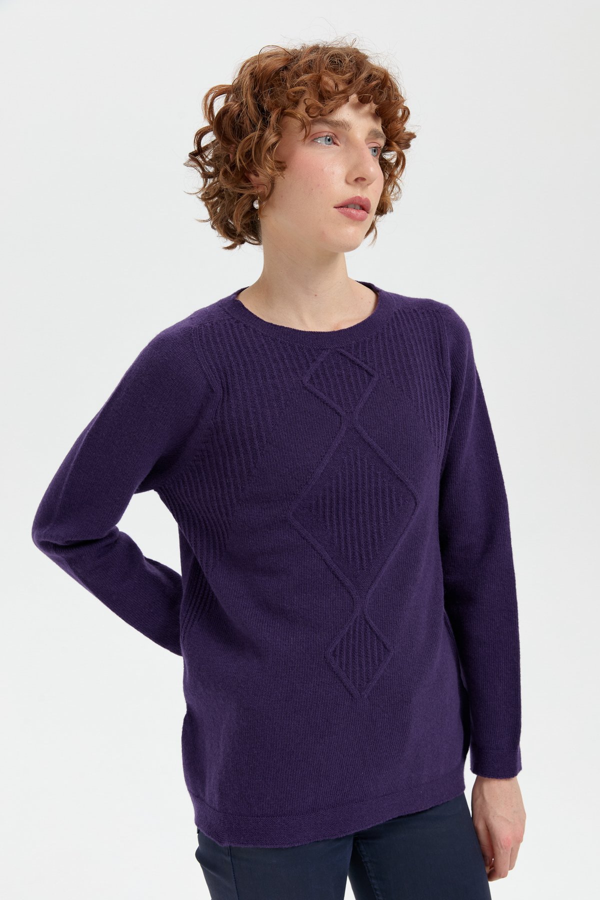 24199Kadın Sıfır Yaka Dikişsiz Önü Selanik Baklavalı Yün Kazak K.Mor