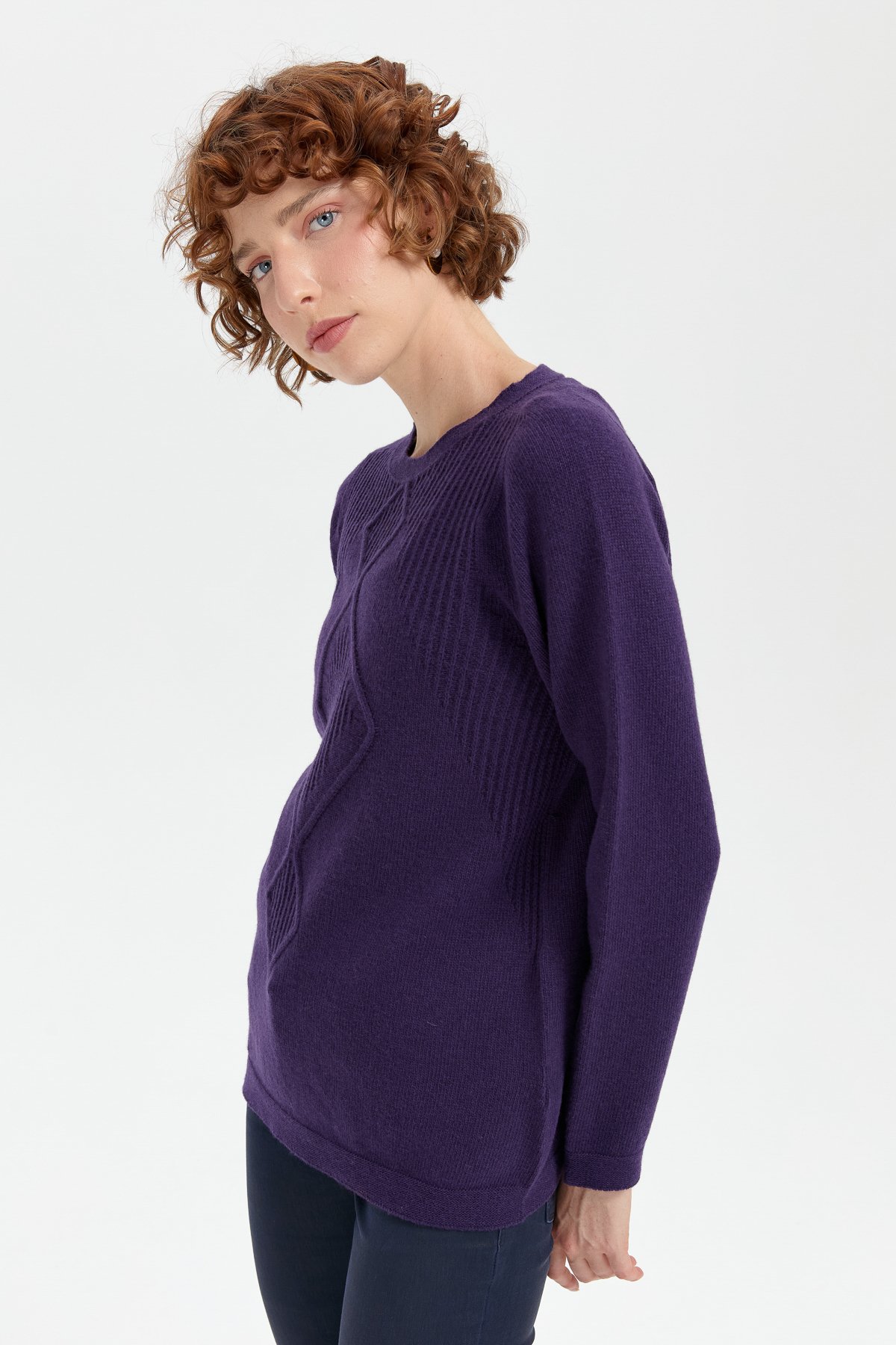 24199Kadın Sıfır Yaka Dikişsiz Önü Selanik Baklavalı Yün Kazak K.Mor