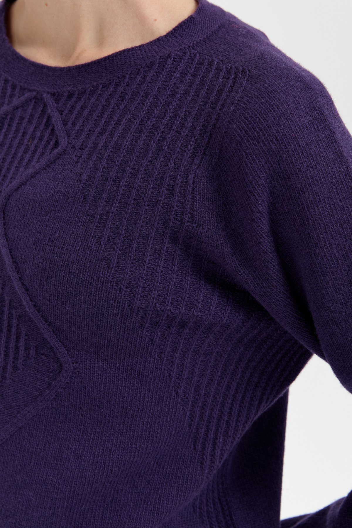 24199Kadın Sıfır Yaka Dikişsiz Önü Selanik Baklavalı Yün Kazak K.Mor