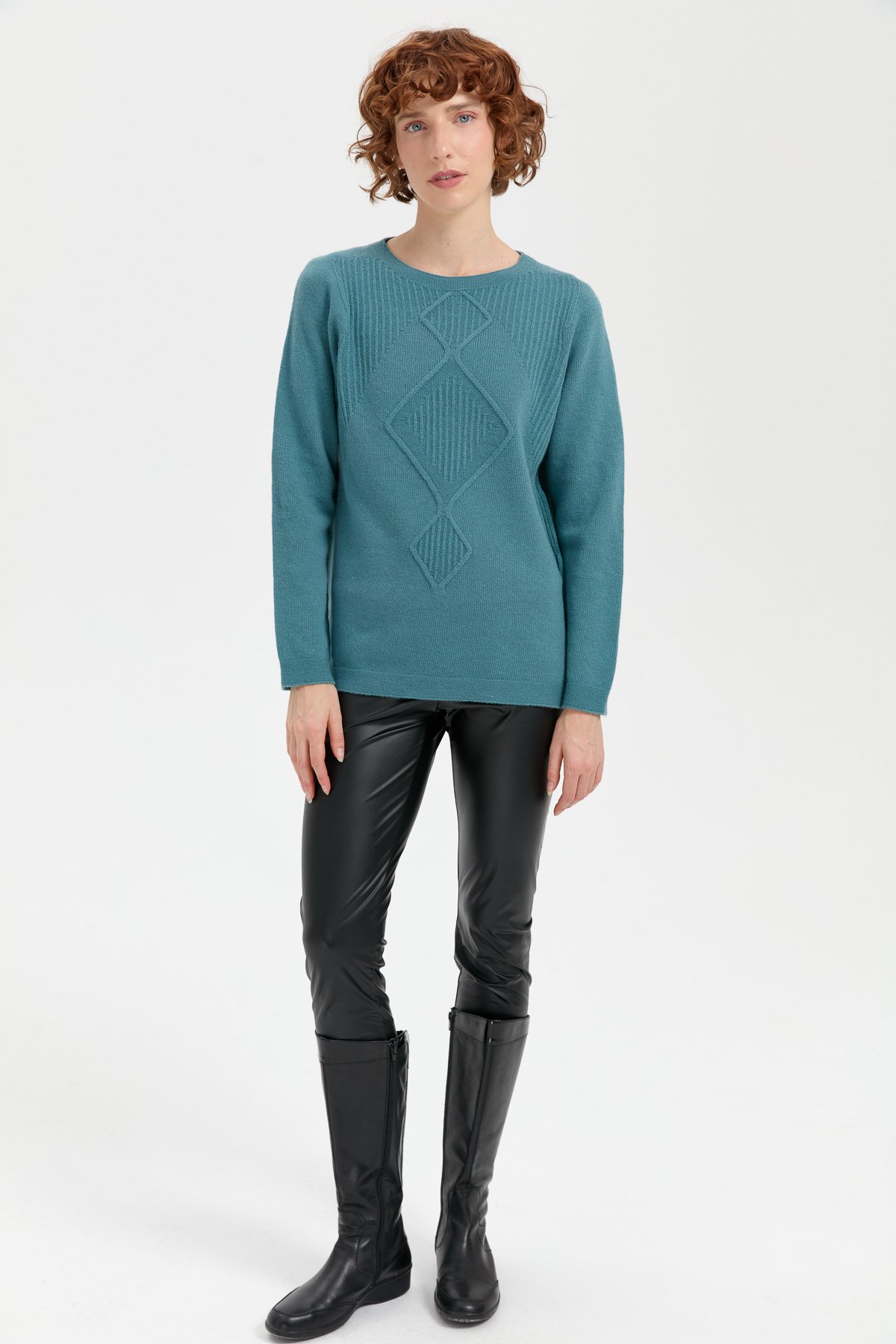 24199Kadın Sıfır Yaka Dikişsiz Önü Selanik Baklavalı Yün Kazak M.Yeşili