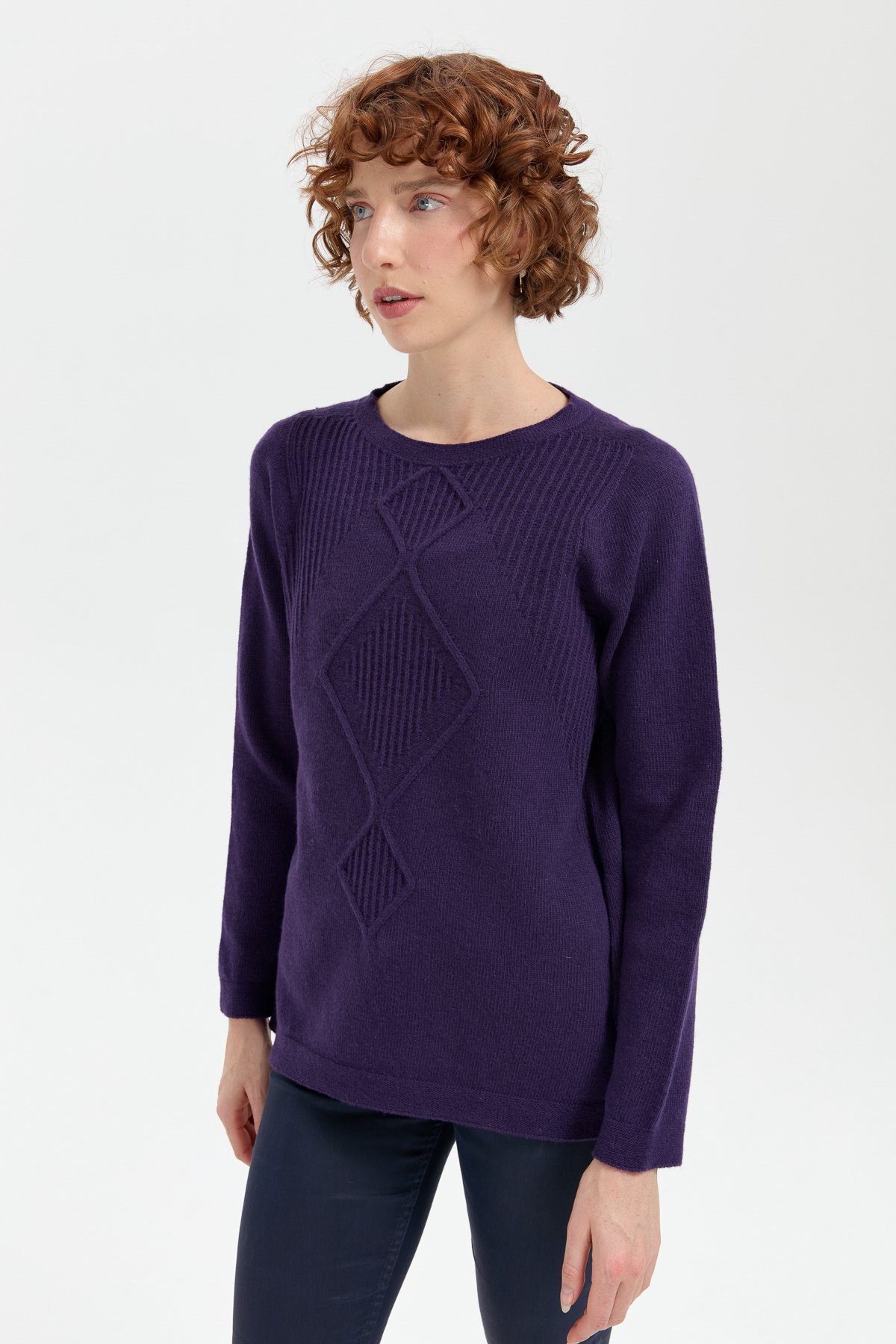 24199Kadın Sıfır Yaka Dikişsiz Önü Selanik Baklavalı Yün Kazak K.Mor