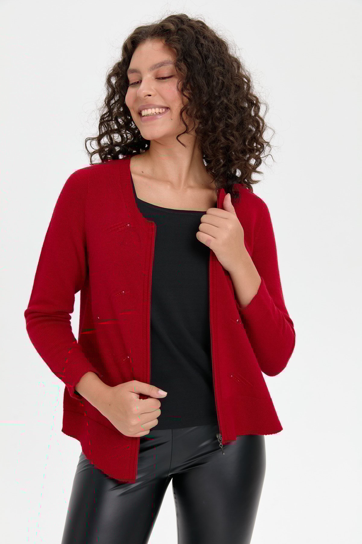 24216Kadın Sıfır Yaka Önü Taşlı Fermuarlı Yün Kazak K.Kırmızı