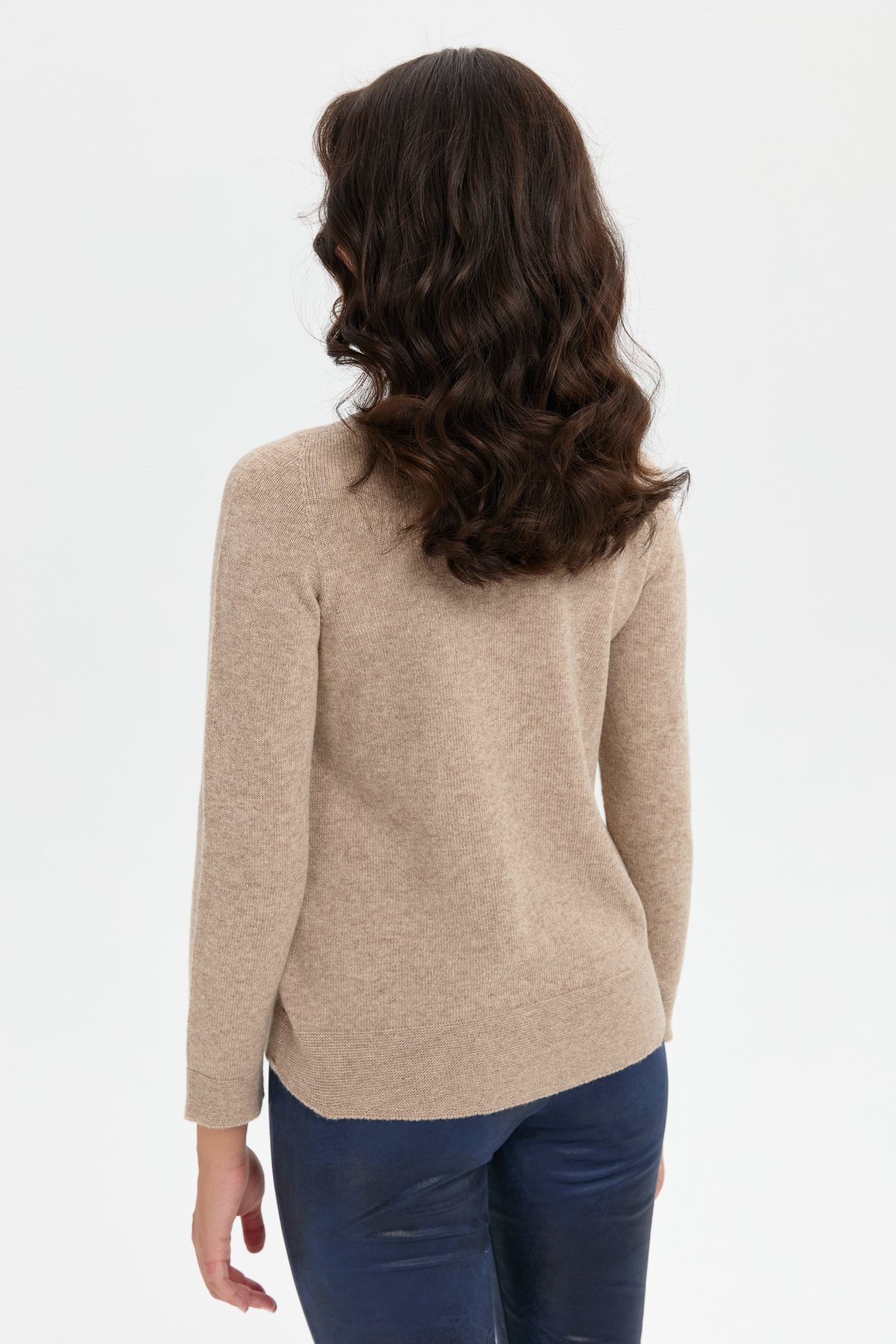 24216Kadın Sıfır Yaka Önü Taşlı Fermuarlı Yün Kazak K.Bej