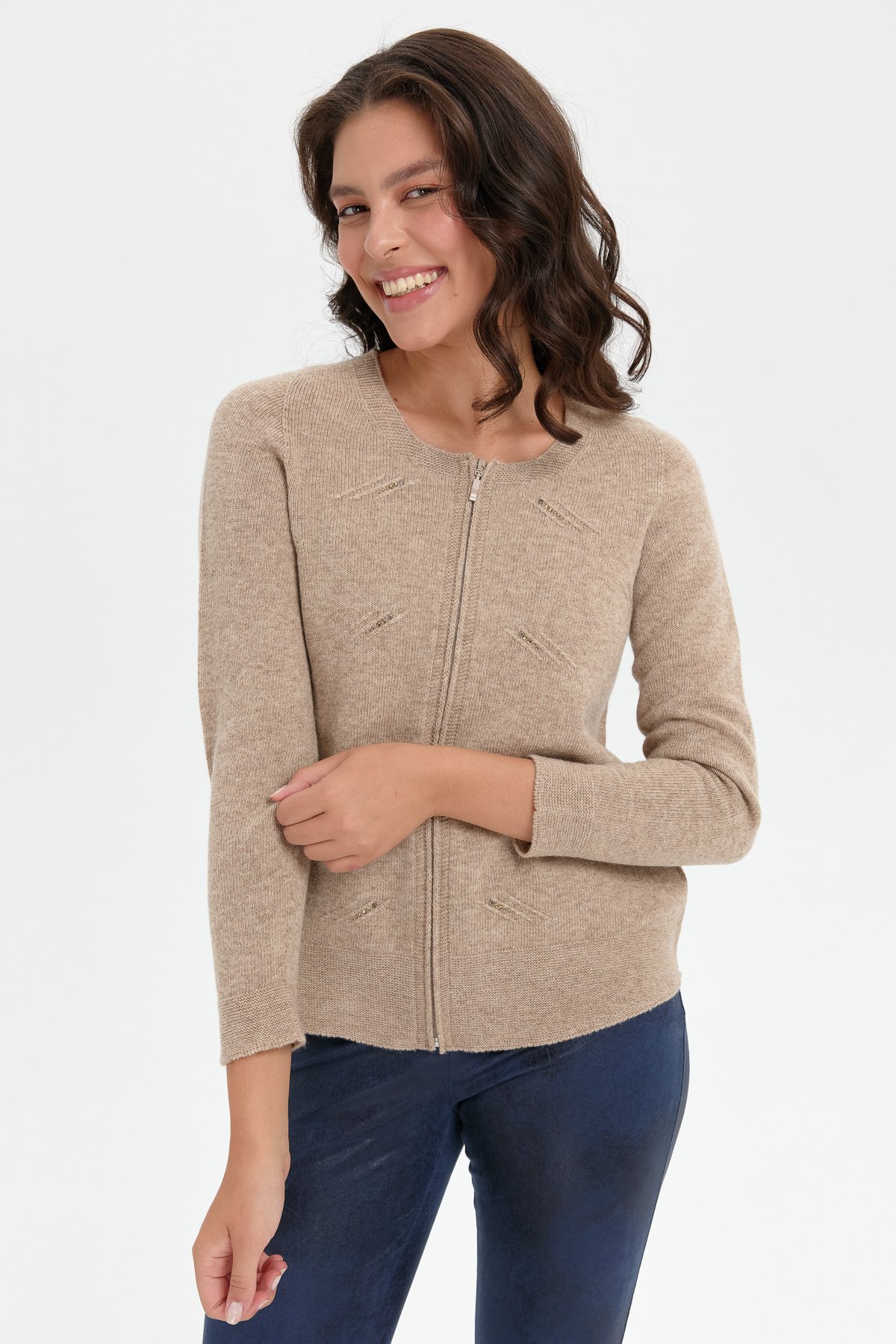 24216Kadın Sıfır Yaka Önü Taşlı Fermuarlı Yün Kazak K.Bej