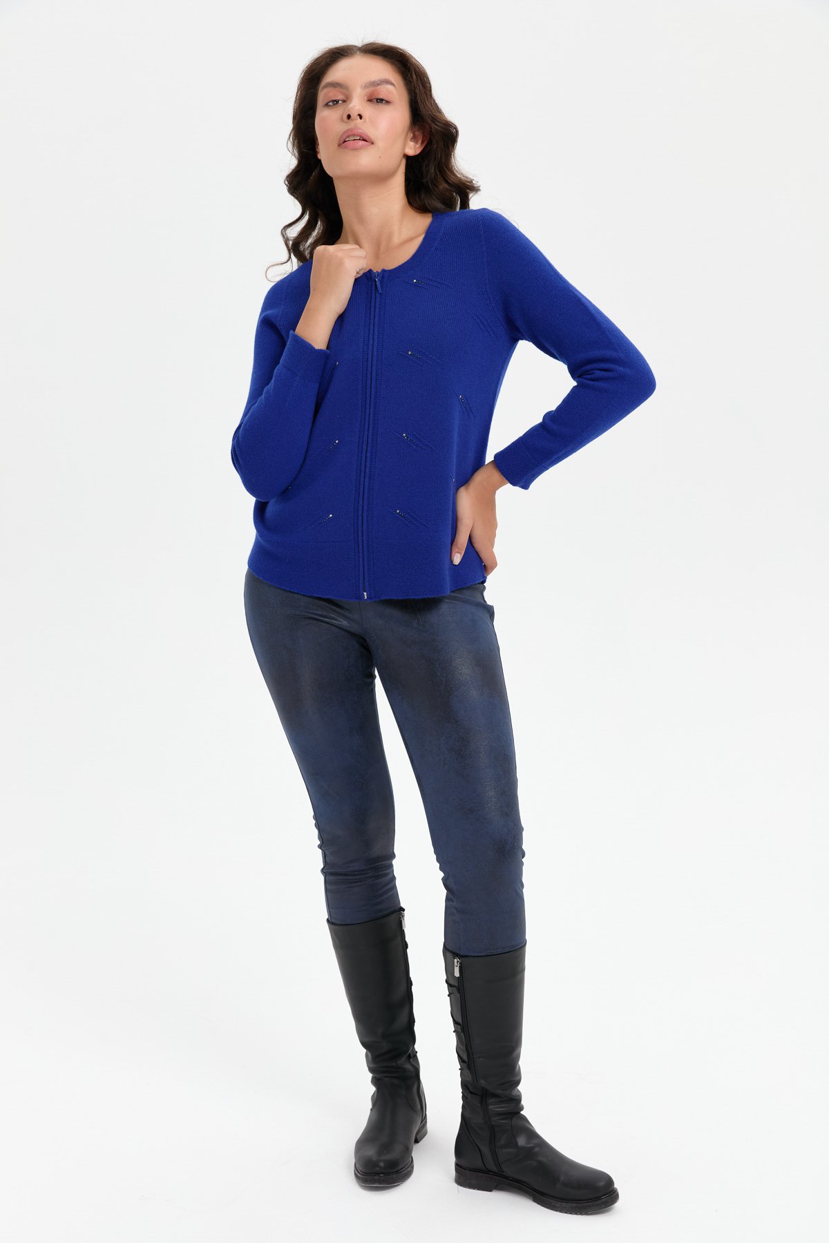 24216Kadın Sıfır Yaka Önü Taşlı Fermuarlı Yün Kazak K.Saks