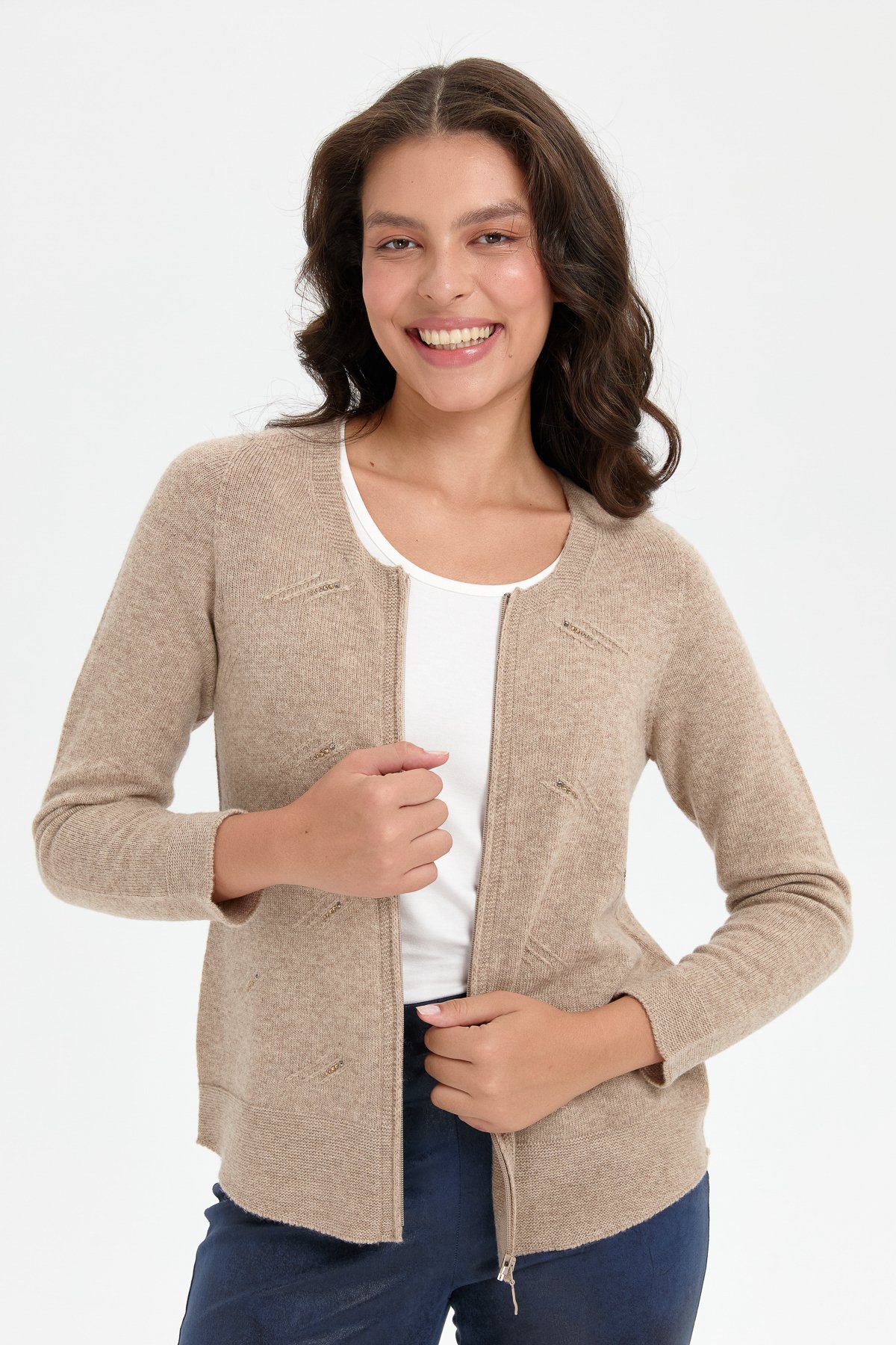 24216Kadın Sıfır Yaka Önü Taşlı Fermuarlı Yün Kazak K.Bej