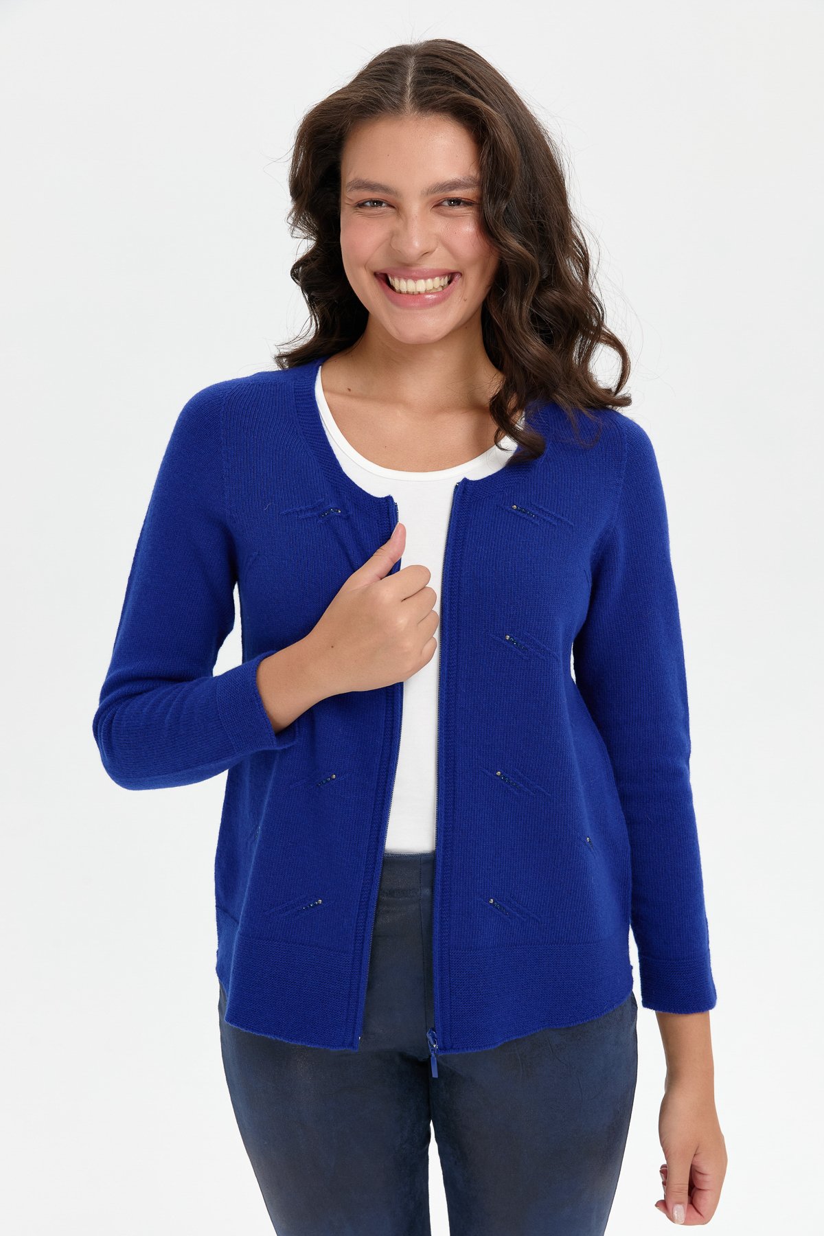 24216Kadın Sıfır Yaka Önü Taşlı Fermuarlı Yün Kazak K.Saks