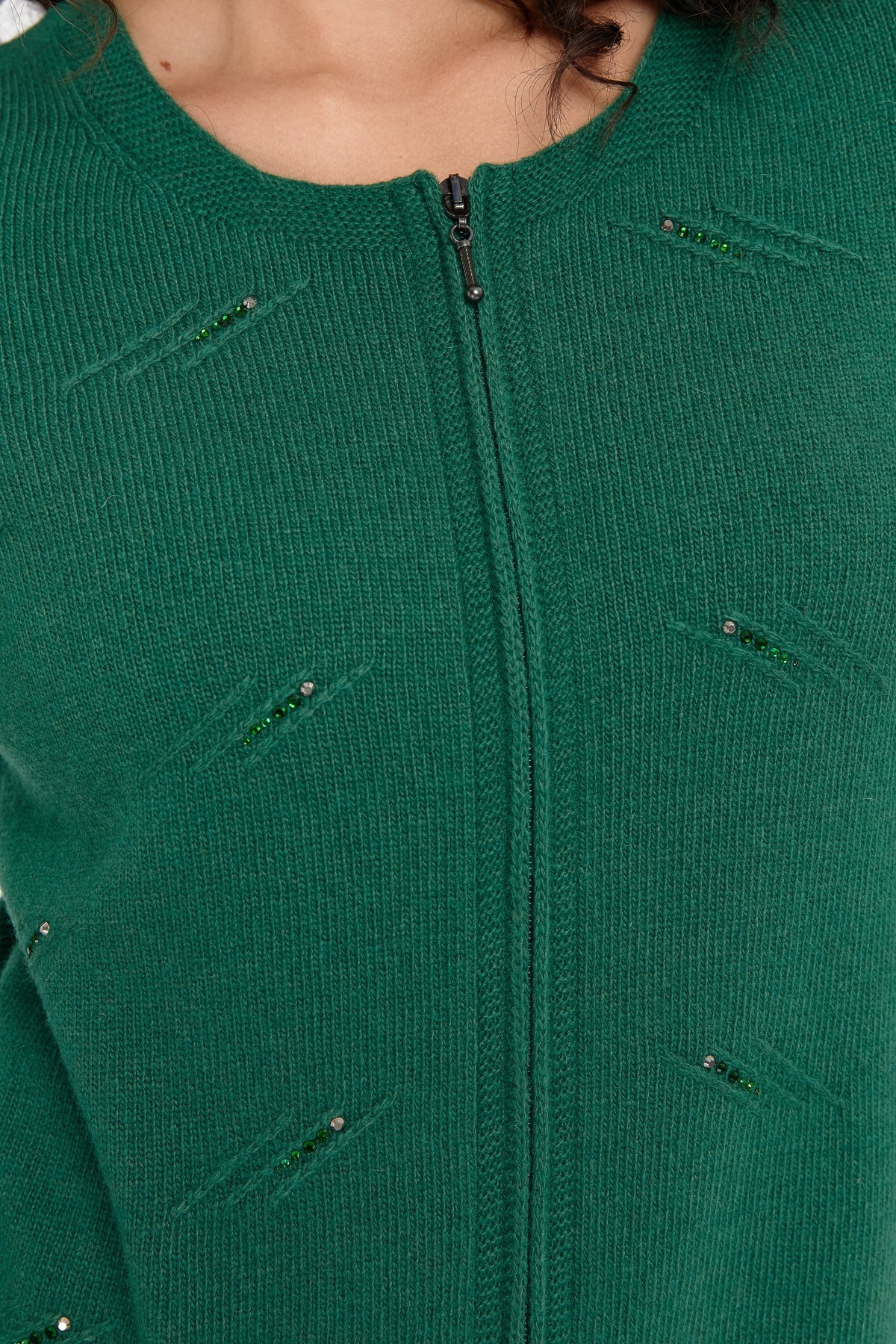 24216Kadın Sıfır Yaka Önü Taşlı Fermuarlı Yün Kazak Ö.Başı