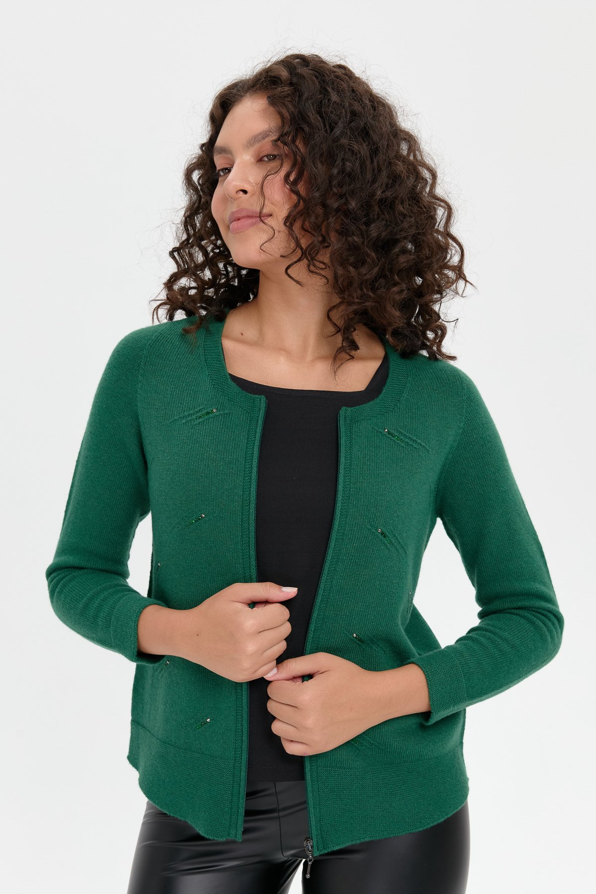 24216Kadın Sıfır Yaka Önü Taşlı Fermuarlı Yün Kazak Ö.Başı