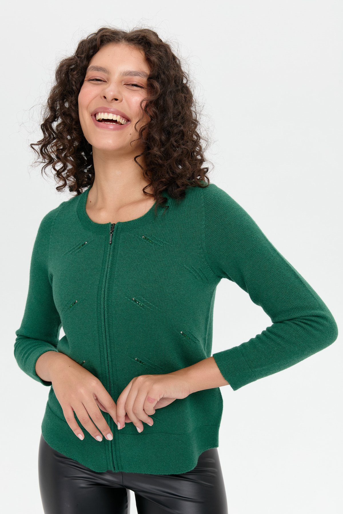 24216Kadın Sıfır Yaka Önü Taşlı Fermuarlı Yün Kazak Ö.Başı