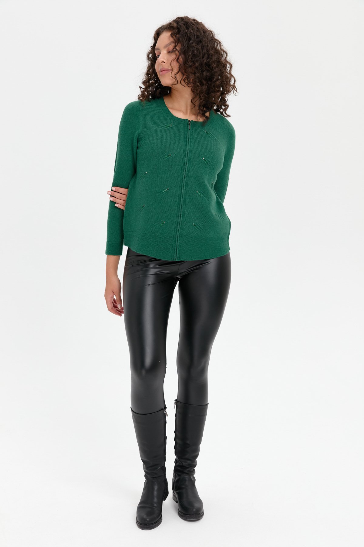 24216Kadın Sıfır Yaka Önü Taşlı Fermuarlı Yün Kazak Ö.Başı