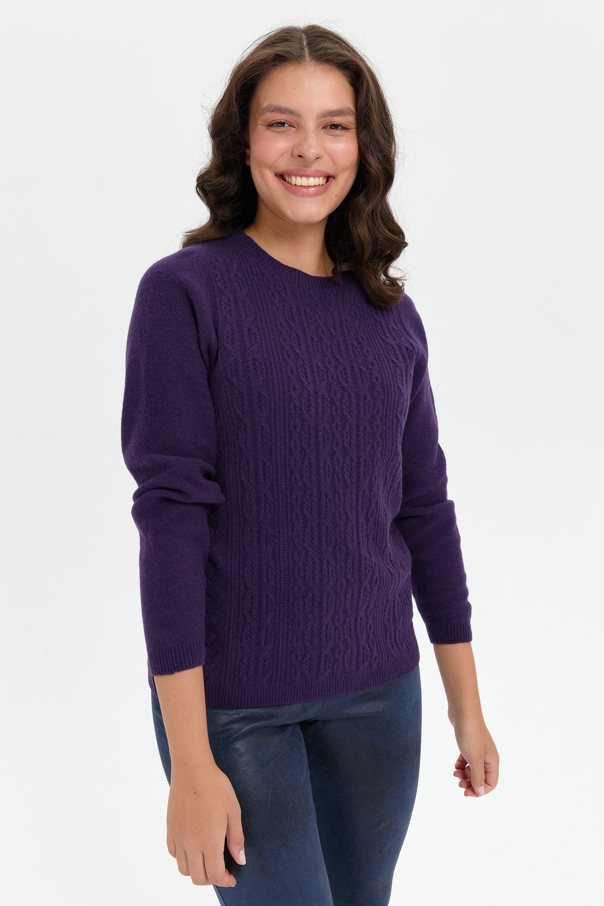 24222Kadın Sıfır Yaka Dikişsiz Önü Yürütmeli Yün Kazak K.Mor