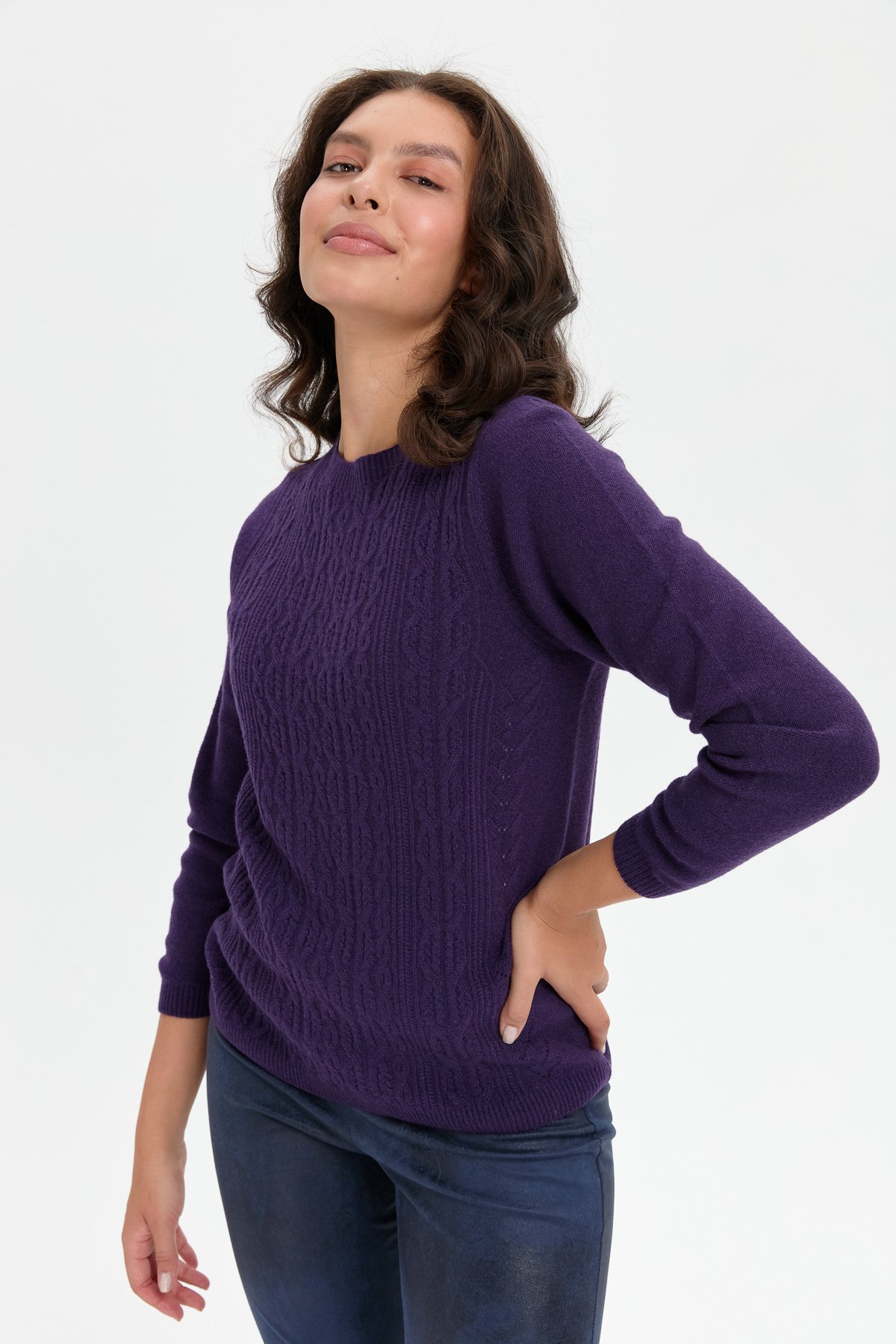 24222Kadın Sıfır Yaka Dikişsiz Önü Yürütmeli Yün Kazak K.Mor