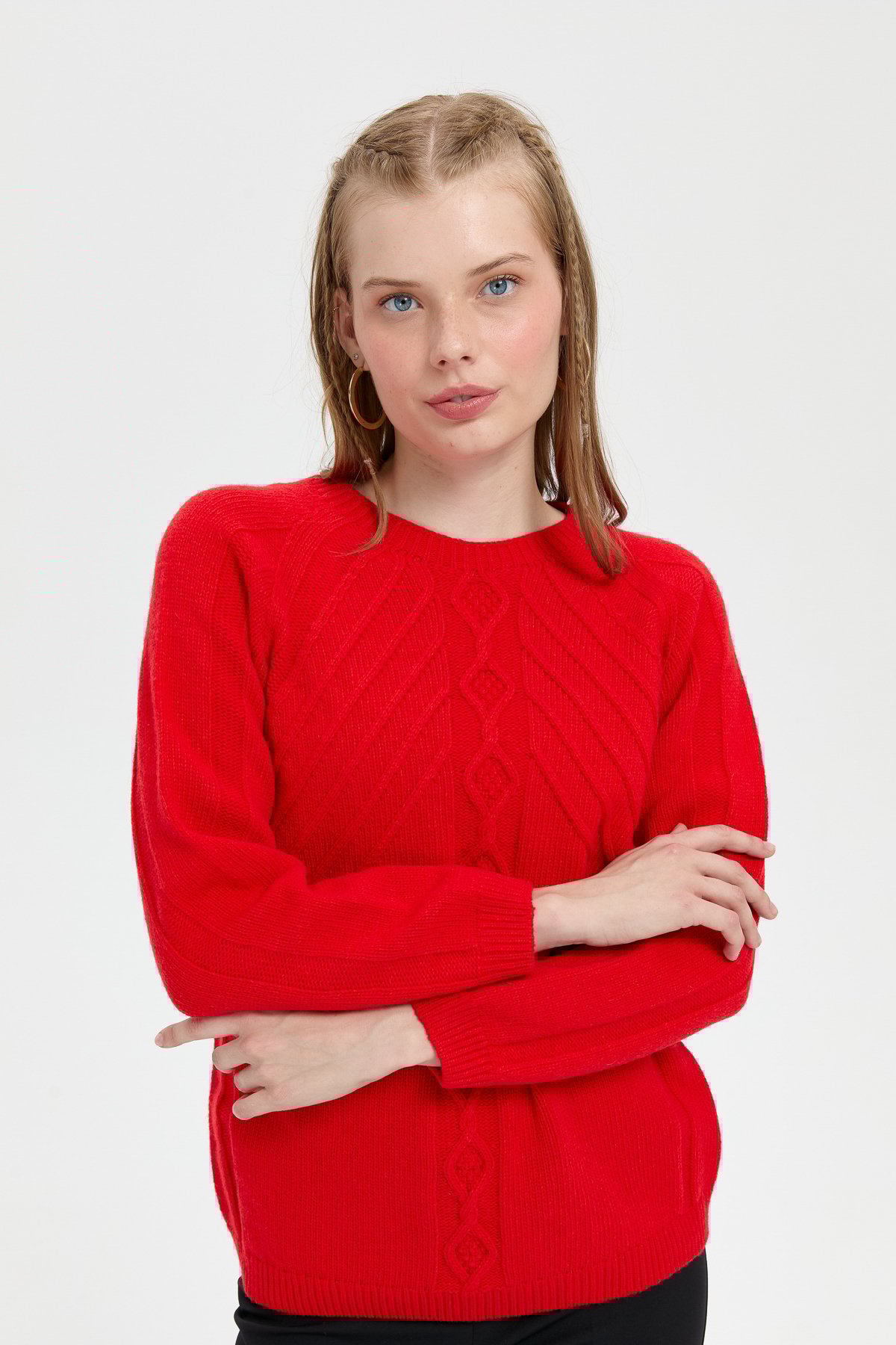 24265Kadın Sıfır Yaka Dkişsiz Önü Yürütmeli Yün Kazak Mercan