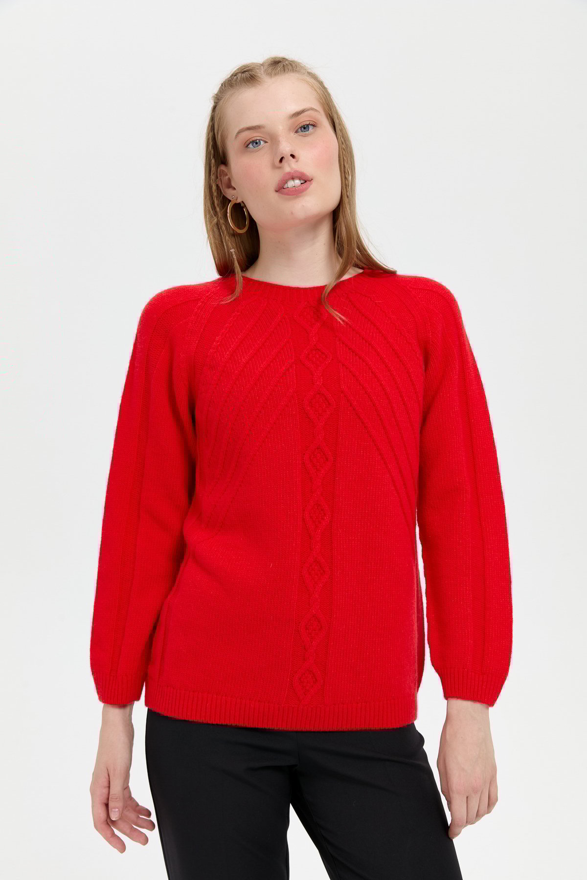 24265Kadın Sıfır Yaka Dkişsiz Önü Yürütmeli Yün Kazak Mercan