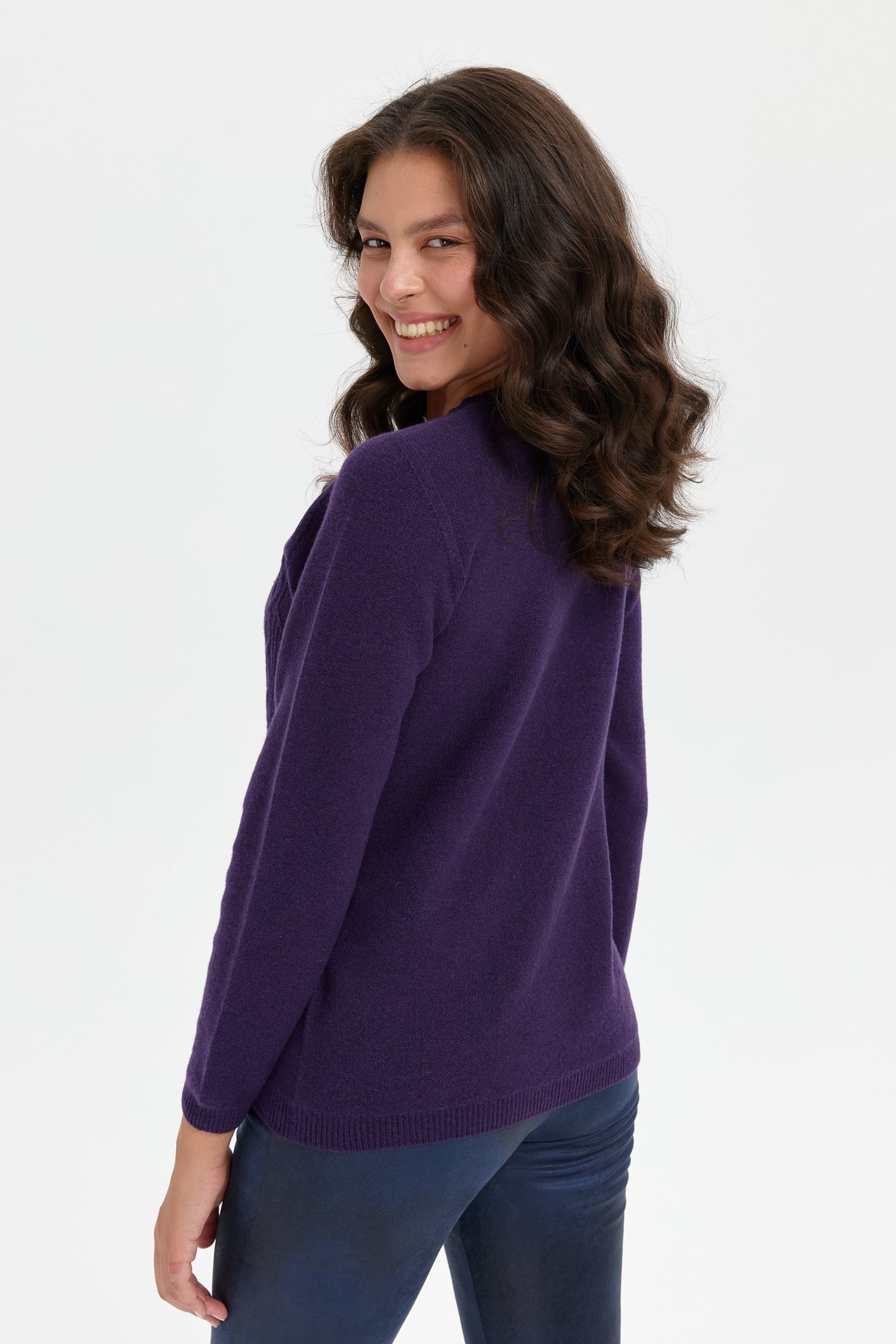 24222Kadın Sıfır Yaka Dikişsiz Önü Yürütmeli Yün Kazak K.Mor