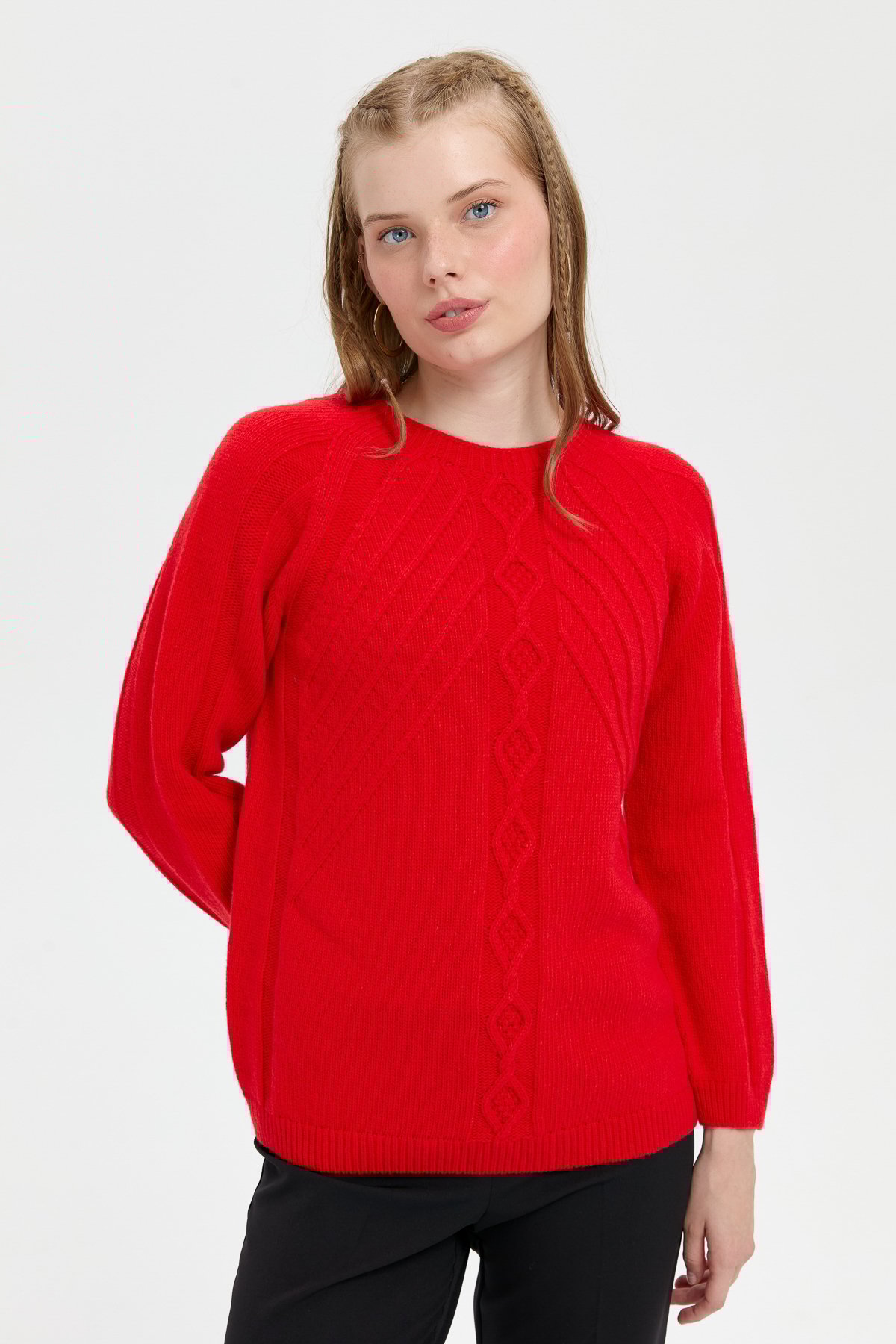 24265Kadın Sıfır Yaka Dkişsiz Önü Yürütmeli Yün Kazak Mercan