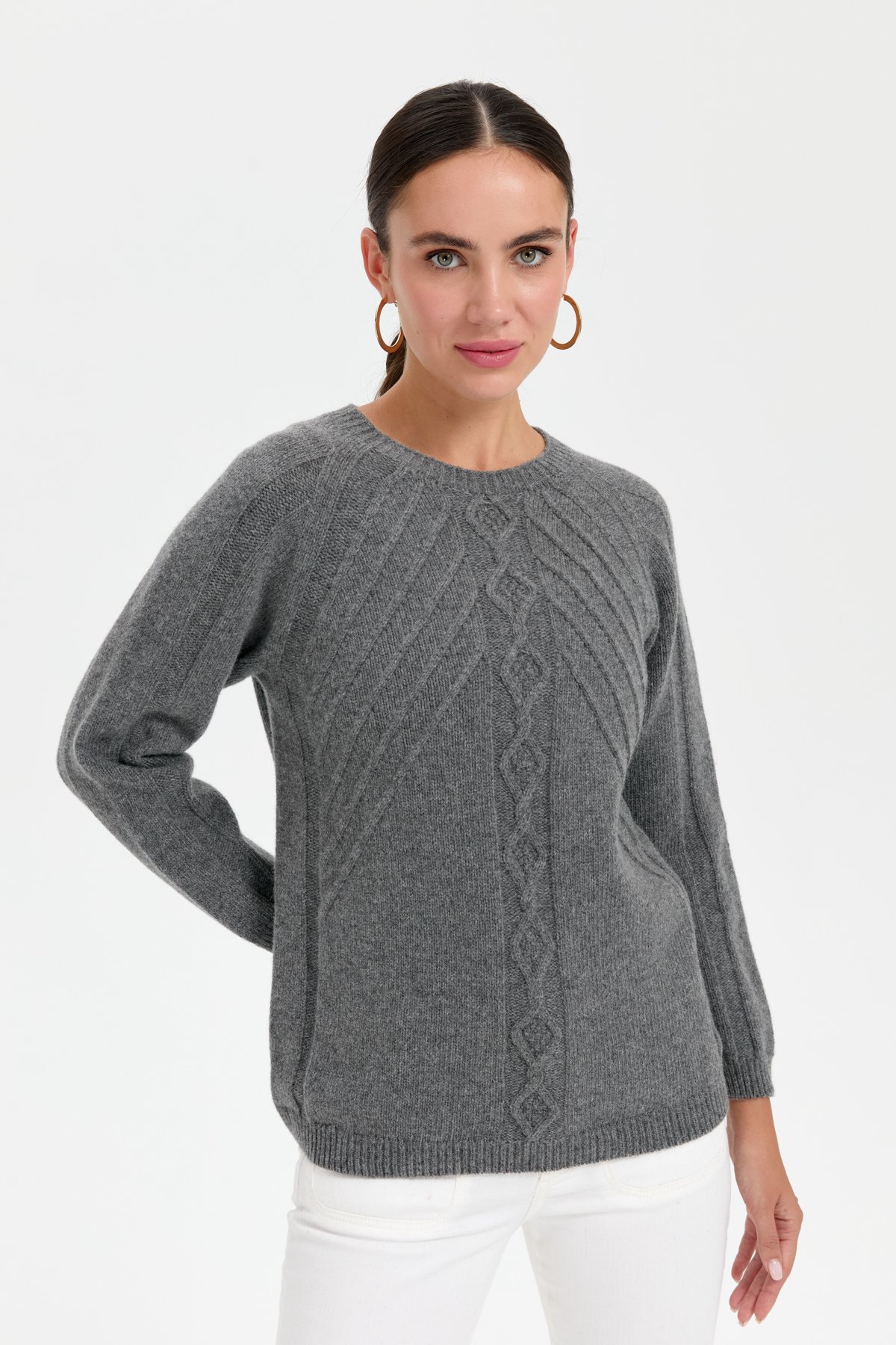 24265Kadın Sıfır Yaka Dkişsiz Önü Yürütmeli Yün Kazak Füme