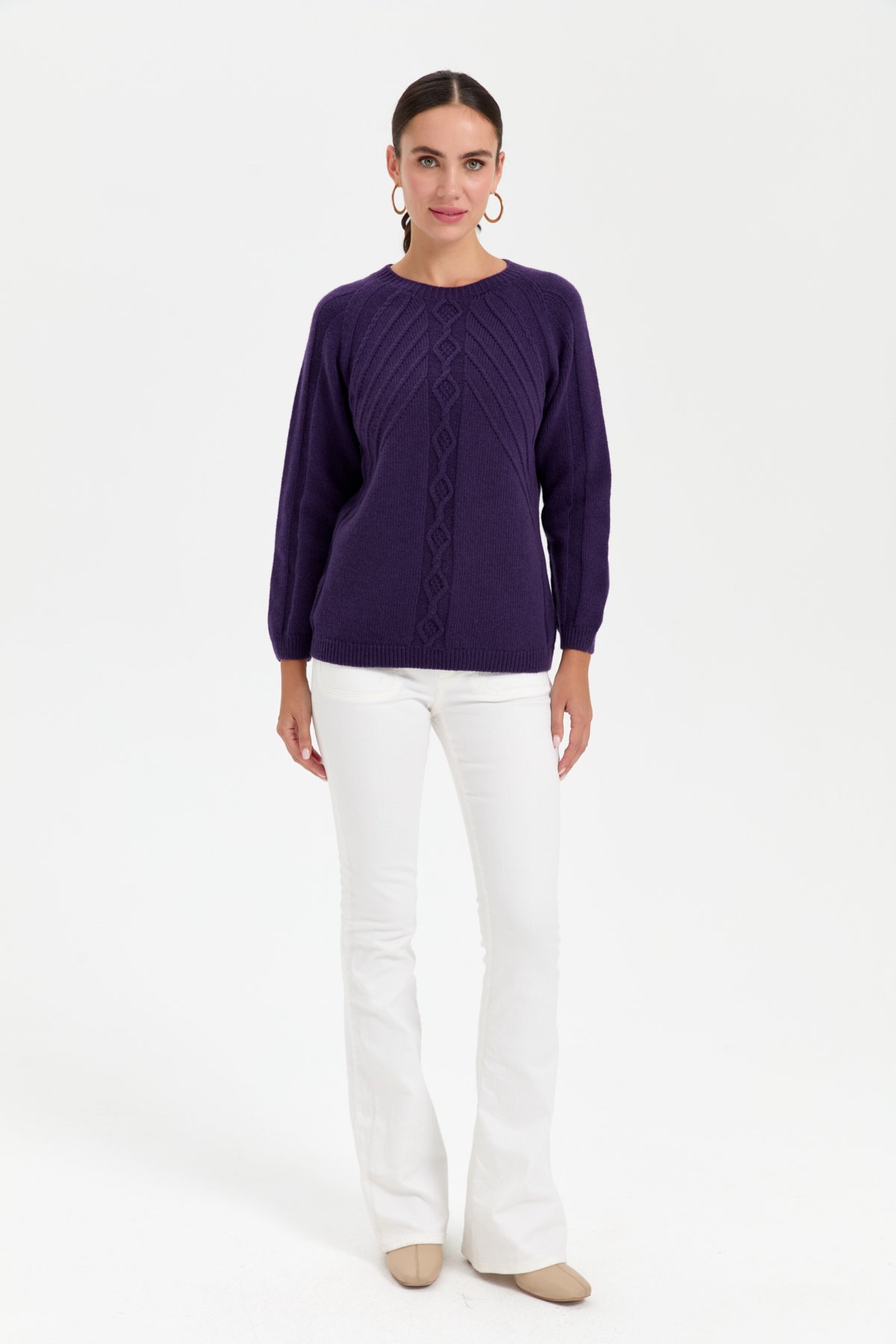 24265Kadın Sıfır Yaka Dkişsiz Önü Yürütmeli Yün Kazak K.Mor