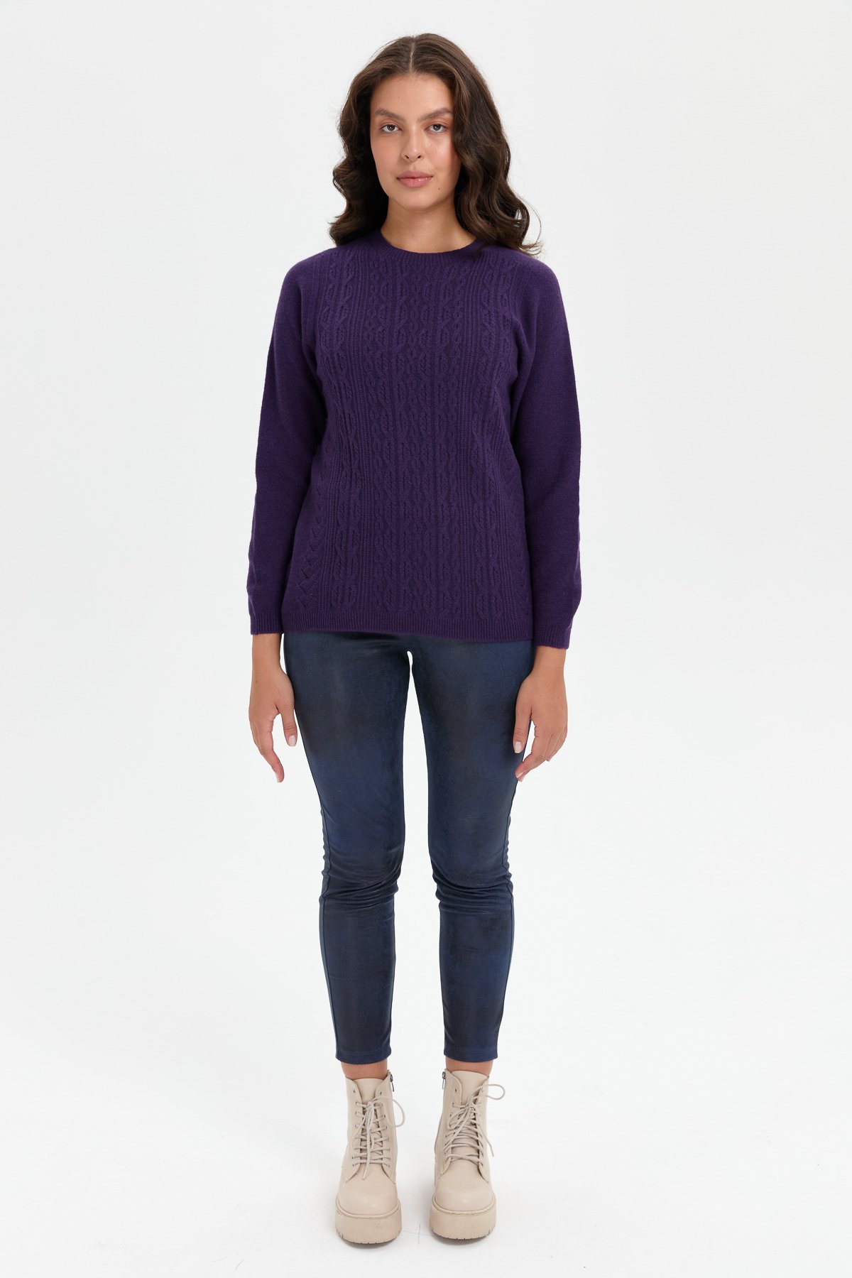 24222Kadın Sıfır Yaka Dikişsiz Önü Yürütmeli Yün Kazak K.Mor