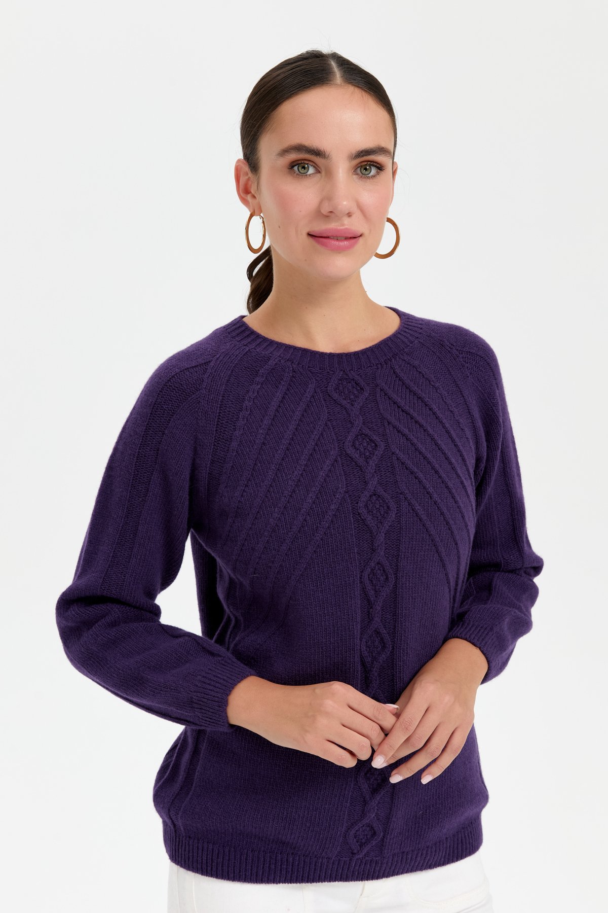 24265Kadın Sıfır Yaka Dkişsiz Önü Yürütmeli Yün Kazak K.Mor