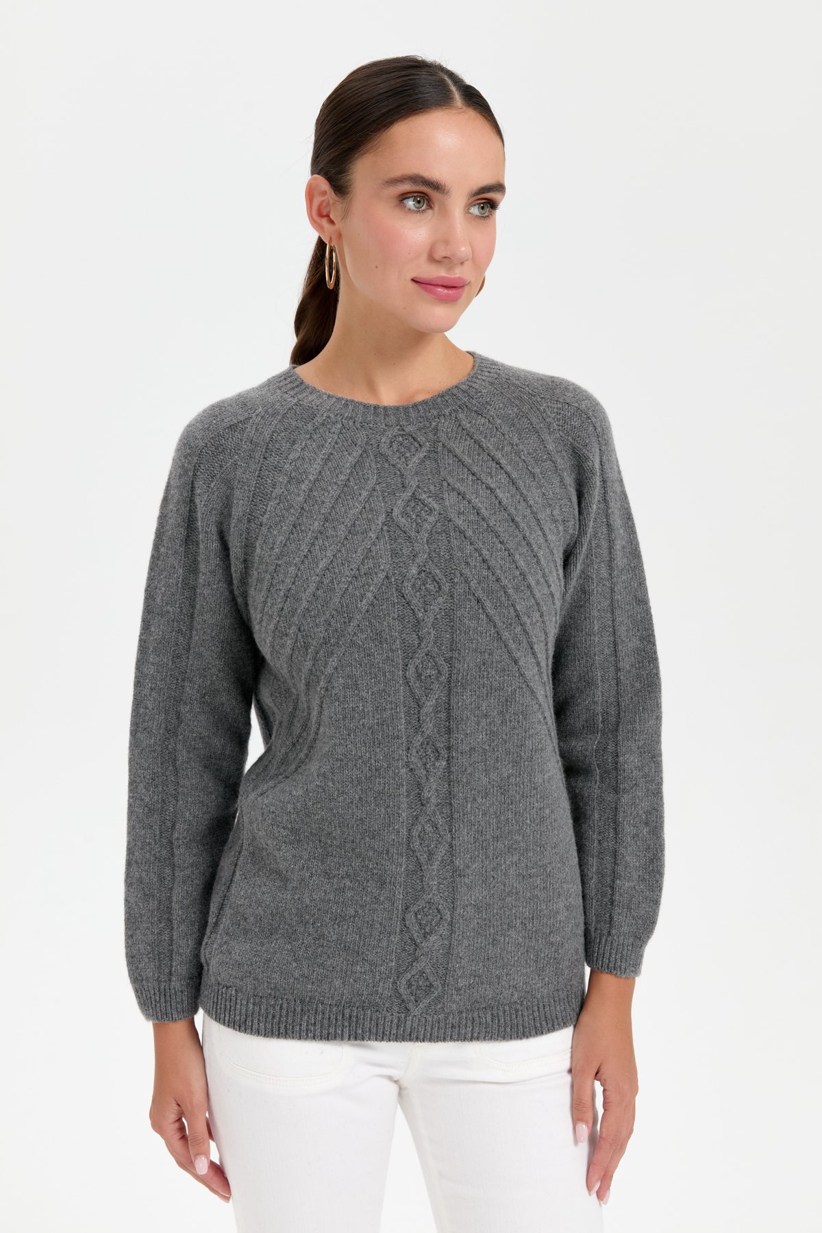 24265Kadın Sıfır Yaka Dkişsiz Önü Yürütmeli Yün Kazak Füme