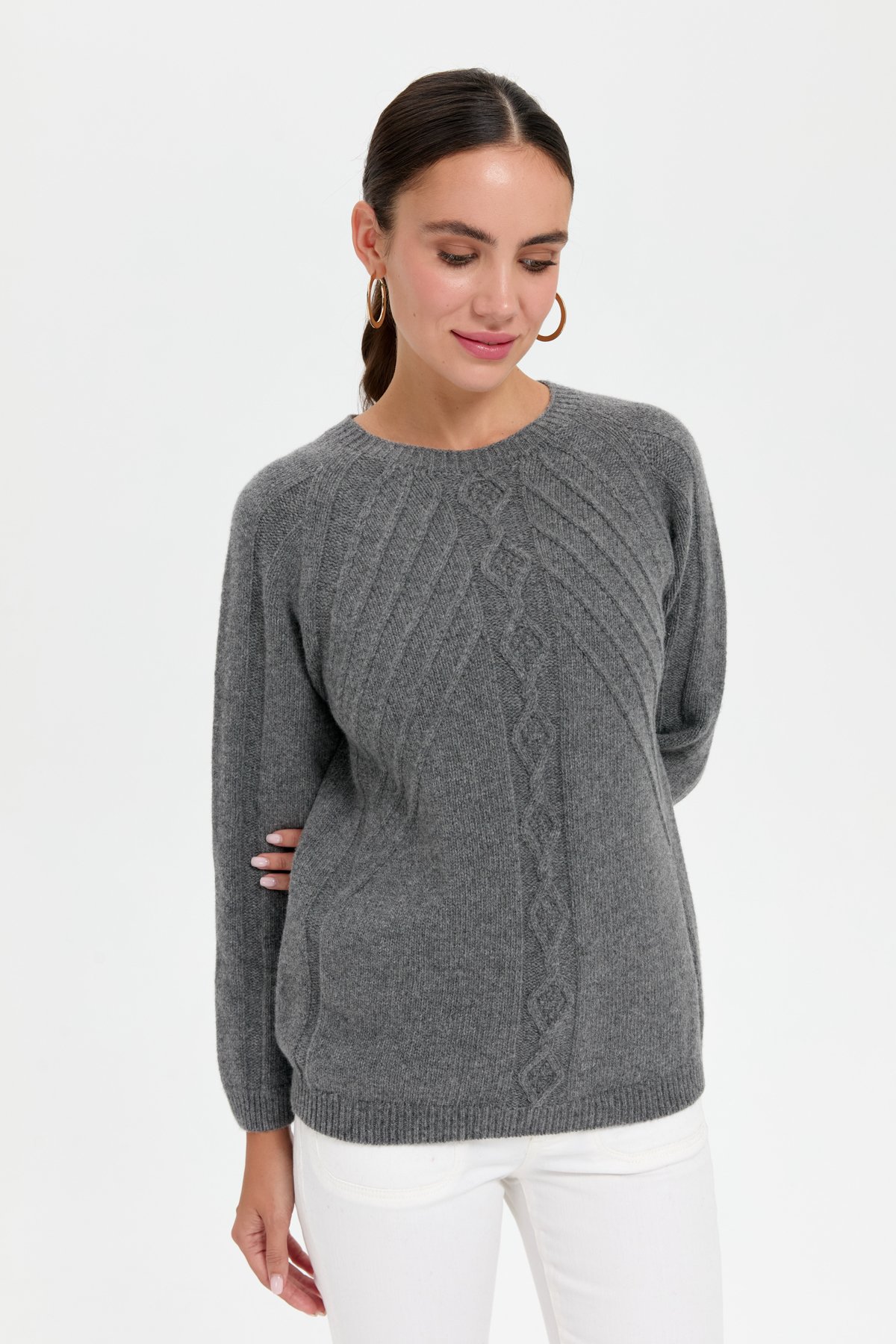 24265Kadın Sıfır Yaka Dkişsiz Önü Yürütmeli Yün Kazak Füme