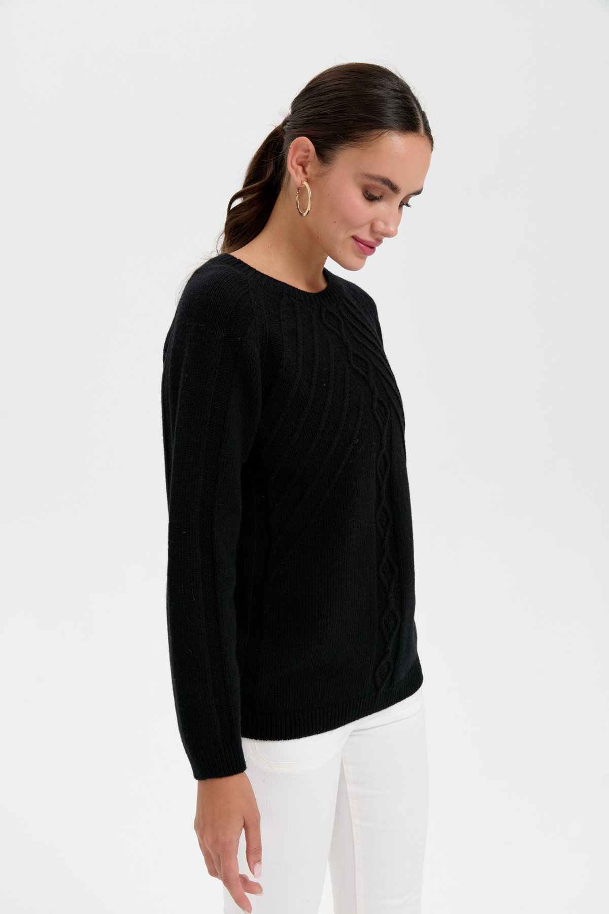 24265Kadın Sıfır Yaka Dkişsiz Önü Yürütmeli Yün Kazak Siyah